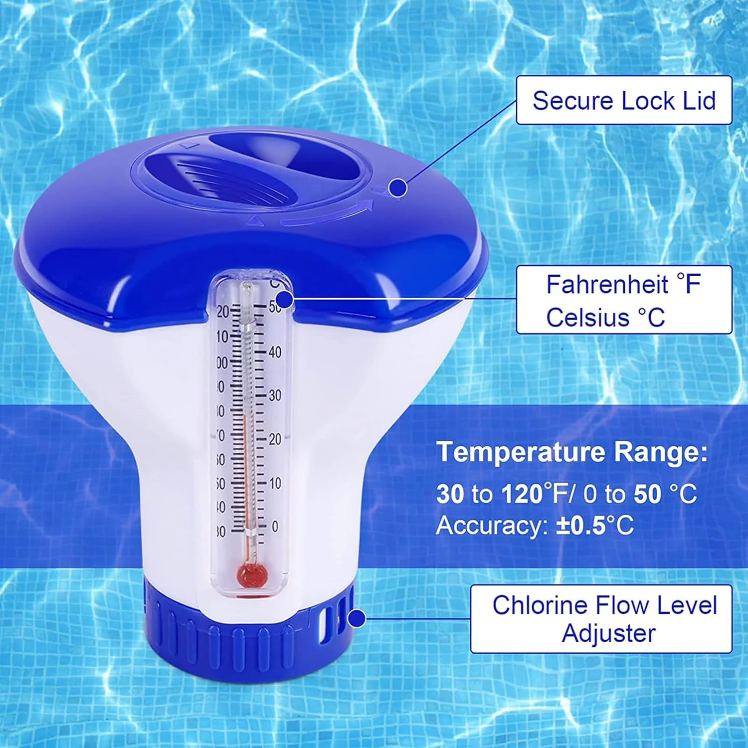 شناور کلر استخر NVIVN، پخش کننده شناور کلر 2 عددی، کلر شناور استخر، پخش کننده کلر برای استخر شنا، اسپا (همراه با دماسنج)