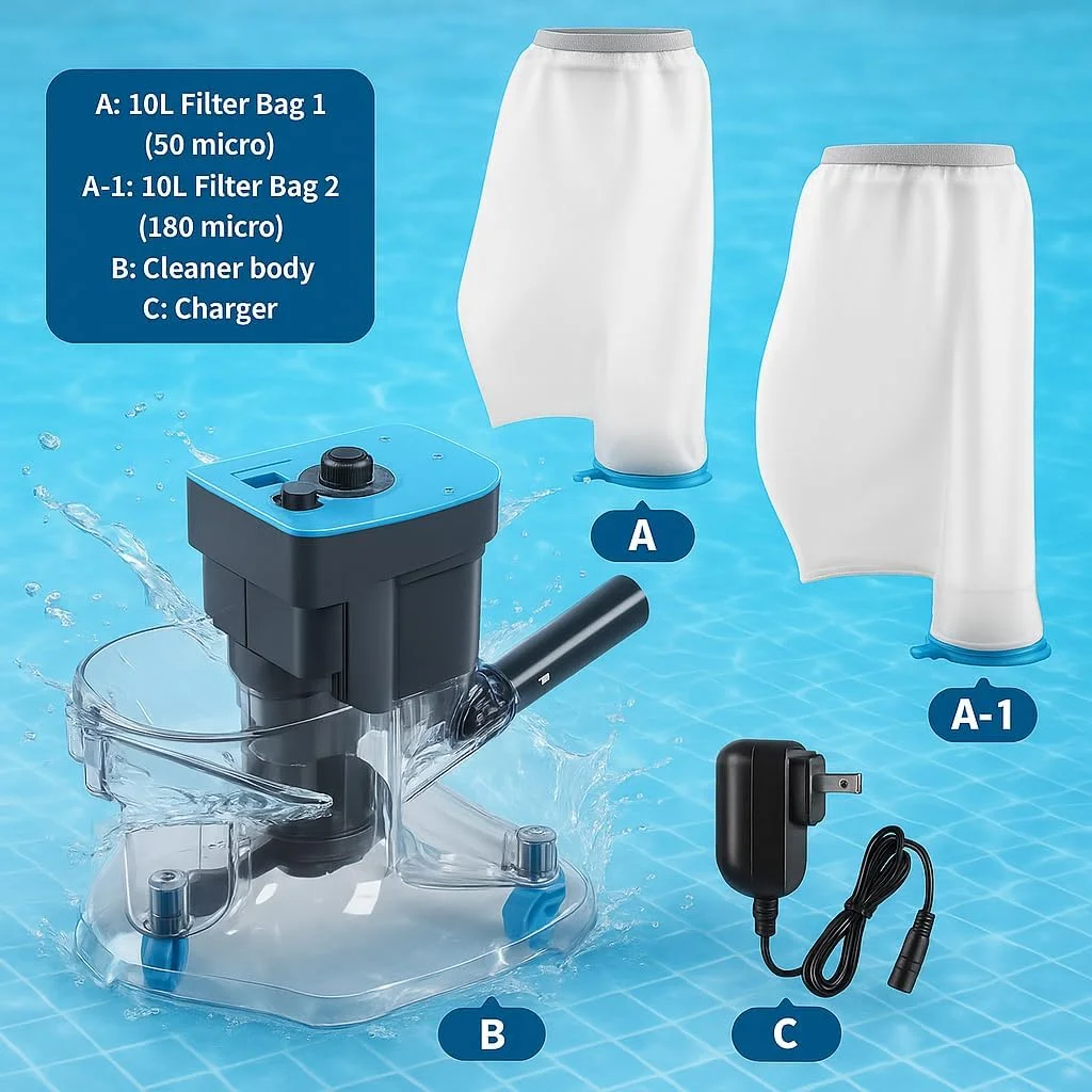 برگ جمع کن استخر، جاروبرقی استخری بی سیم و قدرتمند با دو کیسه فیلتر، مکش قوی 24GPM، قابل شارژ، حذف آسان برگ و آشغال، مناسب برای استخرهای روکار و توکار