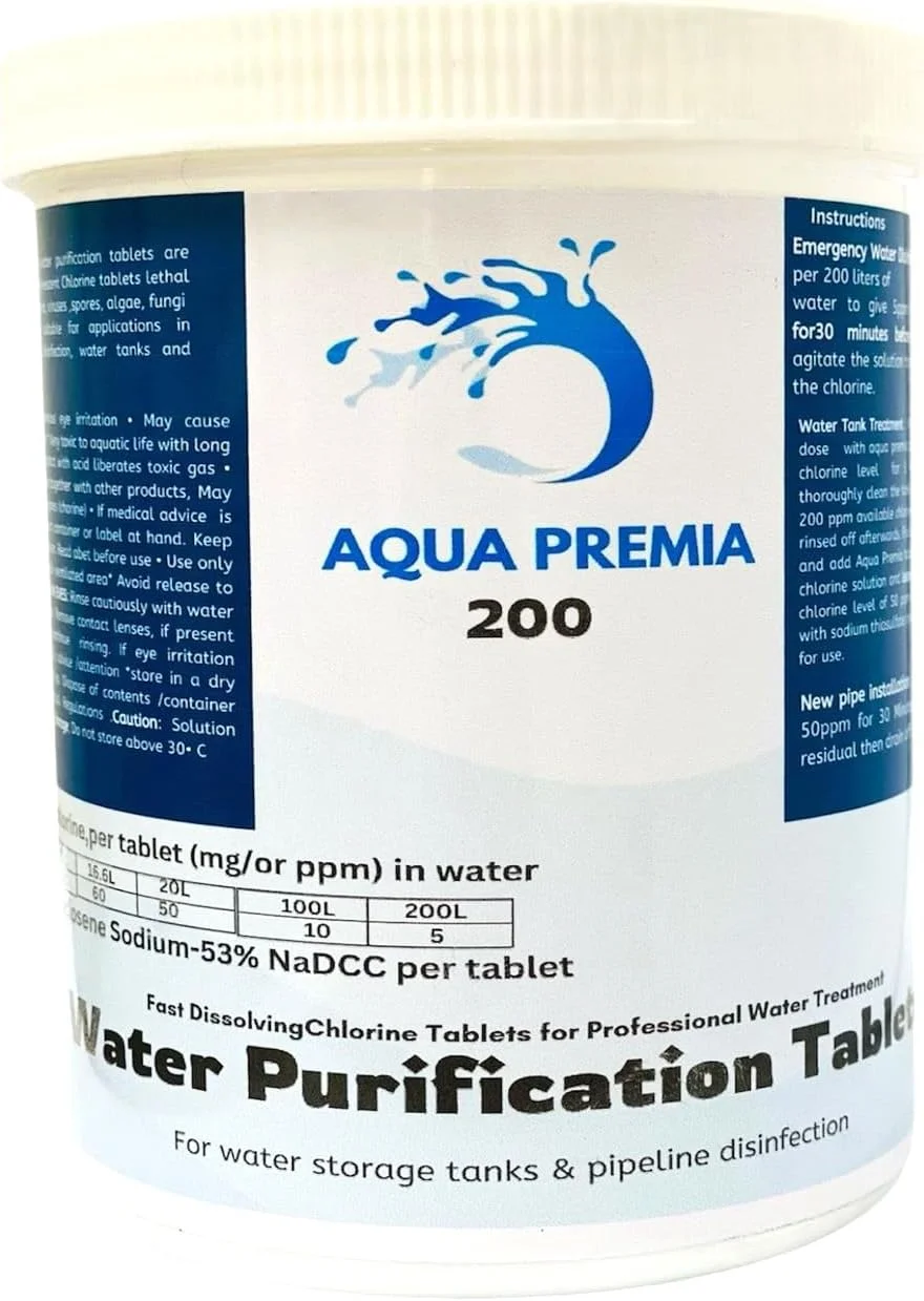 قرص های تصفیه آب آکوا پرمیا 200، کلر با حل شوندگی سریع، برای مخازن ذخیره آب و ضد عفونی خطوط لوله.