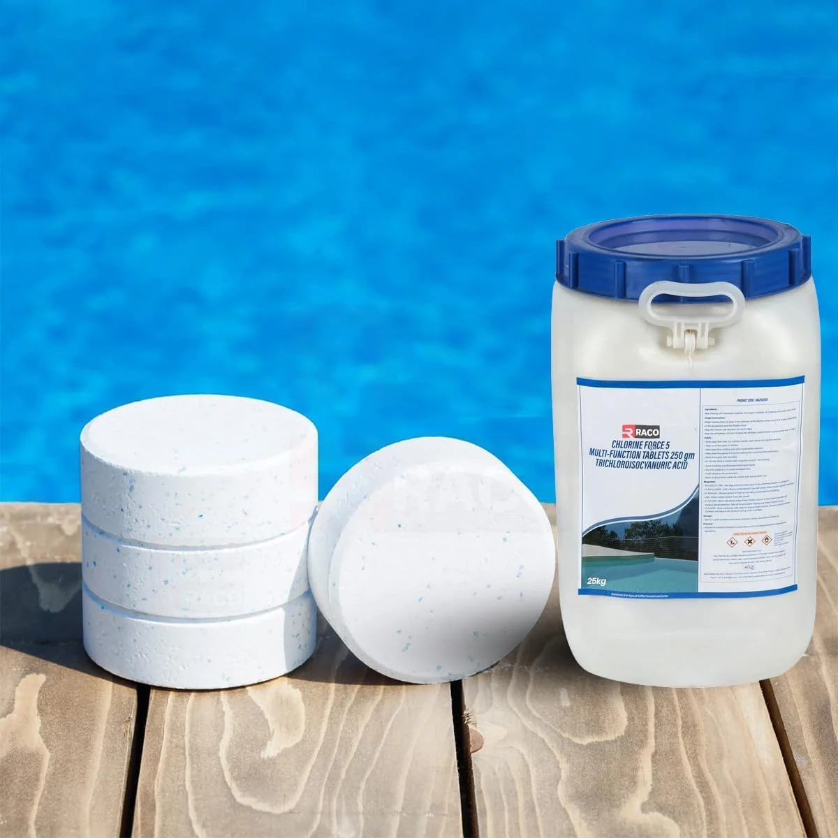 قرص کلر استخر شنا راکو، چند منظوره، حل شونده آهسته، درمان ضد عفونی کننده طولانی مدت، 250 گرمی، 100 عدد قرص، 25 کیلوگرم