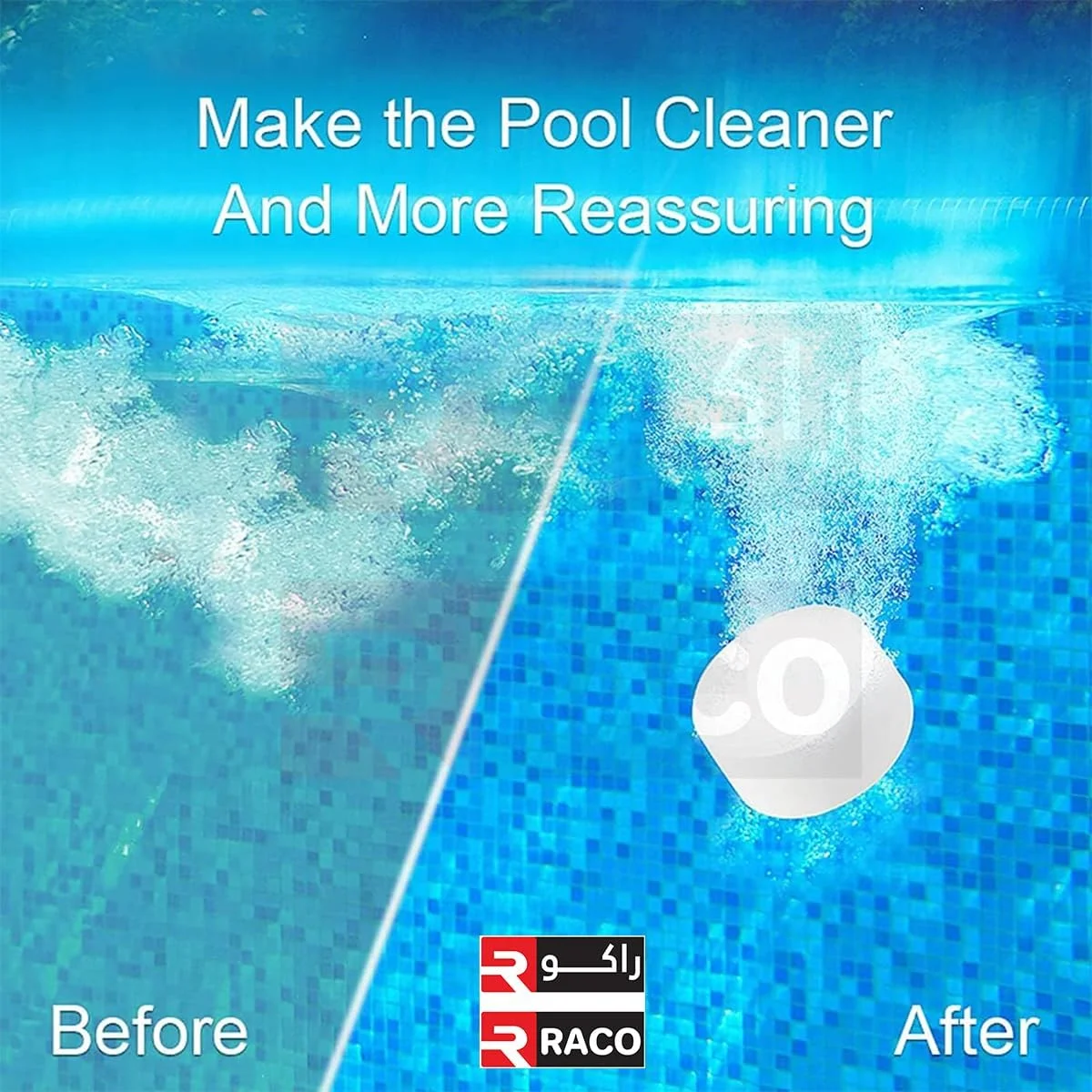 قرص کلر استخر شنا راکو، چند منظوره، حل شونده آهسته، درمان ضد عفونی کننده طولانی مدت، 250 گرمی، 100 عدد قرص، 25 کیلوگرم