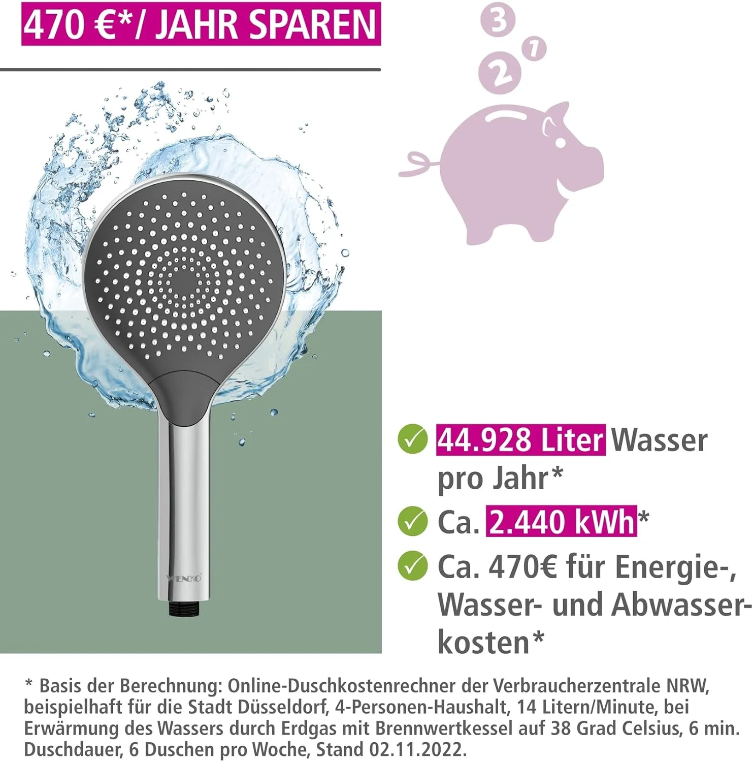 سردوش دستی کاهنده مصرف آب ونکو، ABS، گزینه های متعدد جت آب، اتصال و تناسب جهانی، اسپری سازگار با محیط زیست و آرامش بخش، 12x12 سانتی متر، کروم