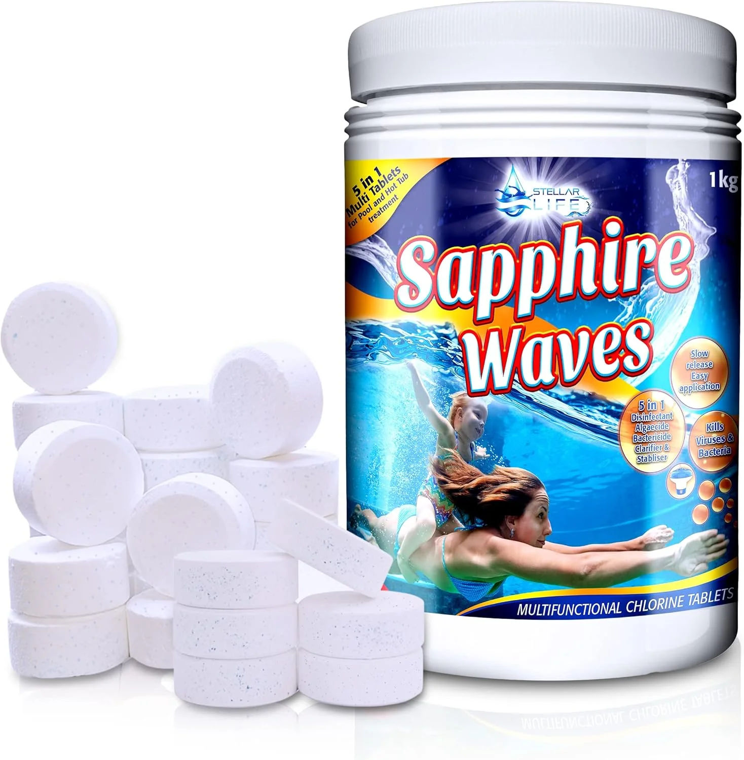 قرص های چند منظوره 5 در 1 Sapphire Waves برای وان آب گرم، اسپا، استخر شنا. بسته 1 کیلوگرمی شامل 50 عدد قرص 20 گرمی 1 اینچی برای استفاده در شناور مواد شیمیایی. قرص های چند منظوره 5 در 1 Sapphire Waves برای وان آب گرم، اسپا، استخر شنا. بسته 1 کیلوگرمی شامل 50 عدد قرص 20 گرمی 1 اینچی برای استفاده در شناور مواد شیمیایی.