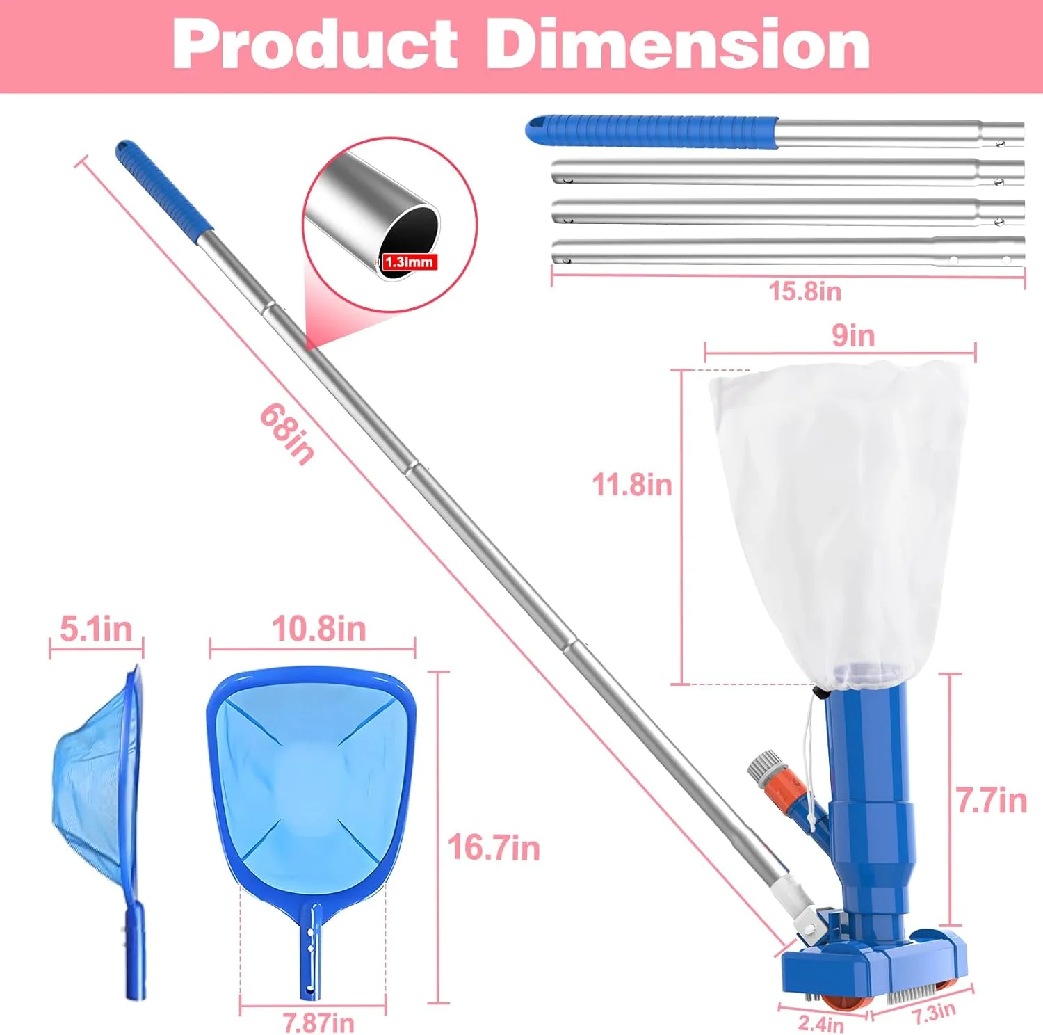 کیت جاروبرقی استخری قابل حمل با میله های 4 قسمتی 68 اینچی ارتقا یافته 2025 به همراه تور اسکیمر استخر، طراحی منحصربفرد قفل، جاروبرقی جت دستی برای استخرهای روی زمین، حوض، فواره کیت جاروبرقی استخری قابل حمل با میله های 4 قسمتی 68 اینچی ارتقا یافته 2025 به همراه تور اسکیمر استخر، طراحی منحصربفرد قفل، جاروبرقی جت دستی برای استخرهای روی زمین، حوض، فواره