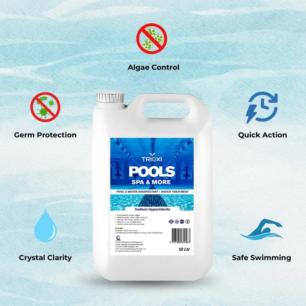 هیپوکلریت سدیم (کلر مایع) – ضدعفونی کننده استخر و آب، گندزدا و شوک درمانی – از بین برنده باکتری ها، جلبک ها و ویروس ها – ماده شیمیایی تصفیه آب برای استخرها و اسپا (5 لیتر) هیپوکلریت سدیم (کلر مایع) – ضدعفونی کننده استخر و آب، گندزدا و شوک درمانی – از بین برنده باکتری ها، جلبک ها و ویروس ها – ماده شیمیایی تصفیه آب برای استخرها و اسپا (5 لیتر)