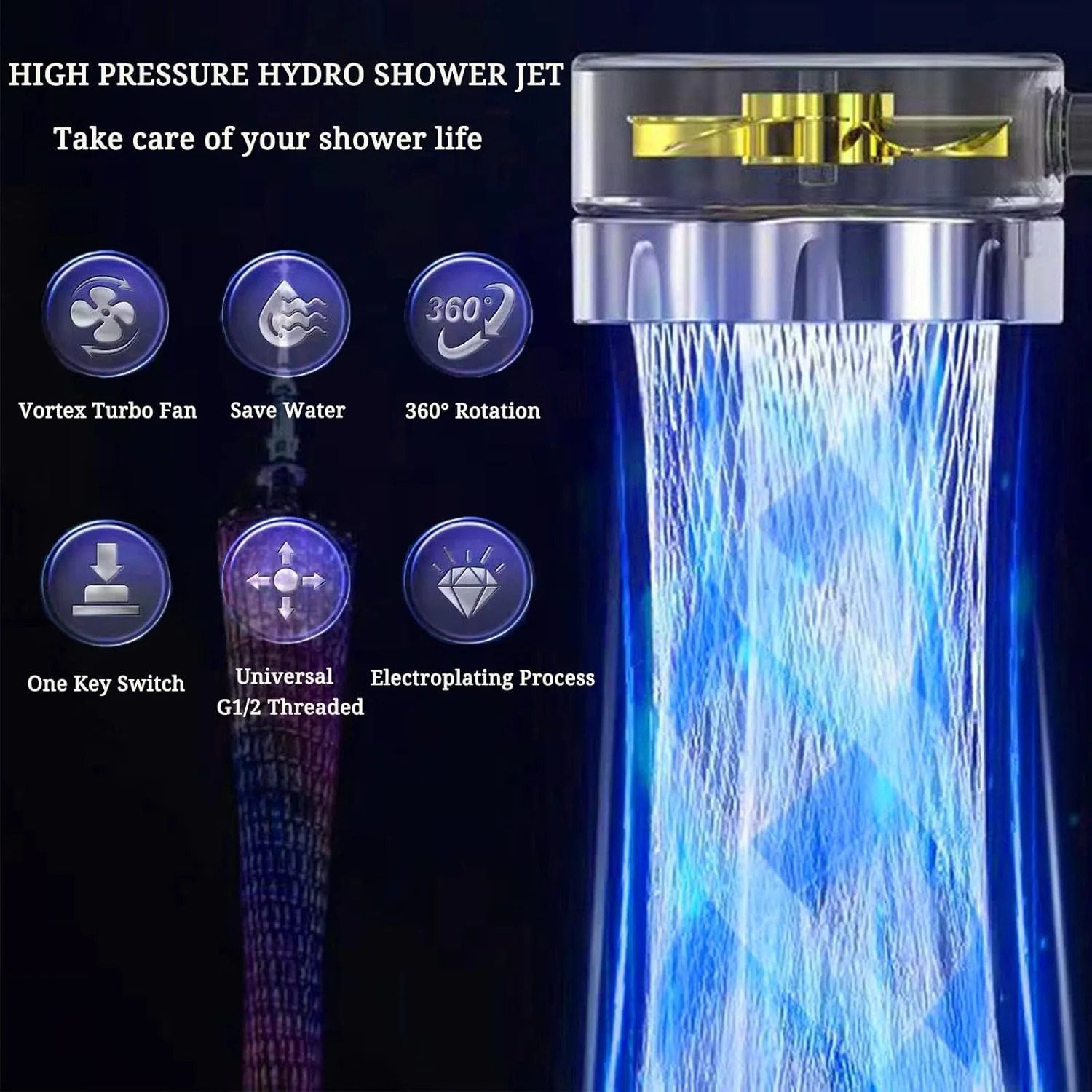 ست سر دوش دستی فشار قوی Wmbzxh Hydro Shower Jet، سر دوش گردبادی توربو فن دار به همراه شلنگ، سر دوش آبشاری توربو شارژ قابل تنظیم با فیلتر آب سخت (ست طلایی)