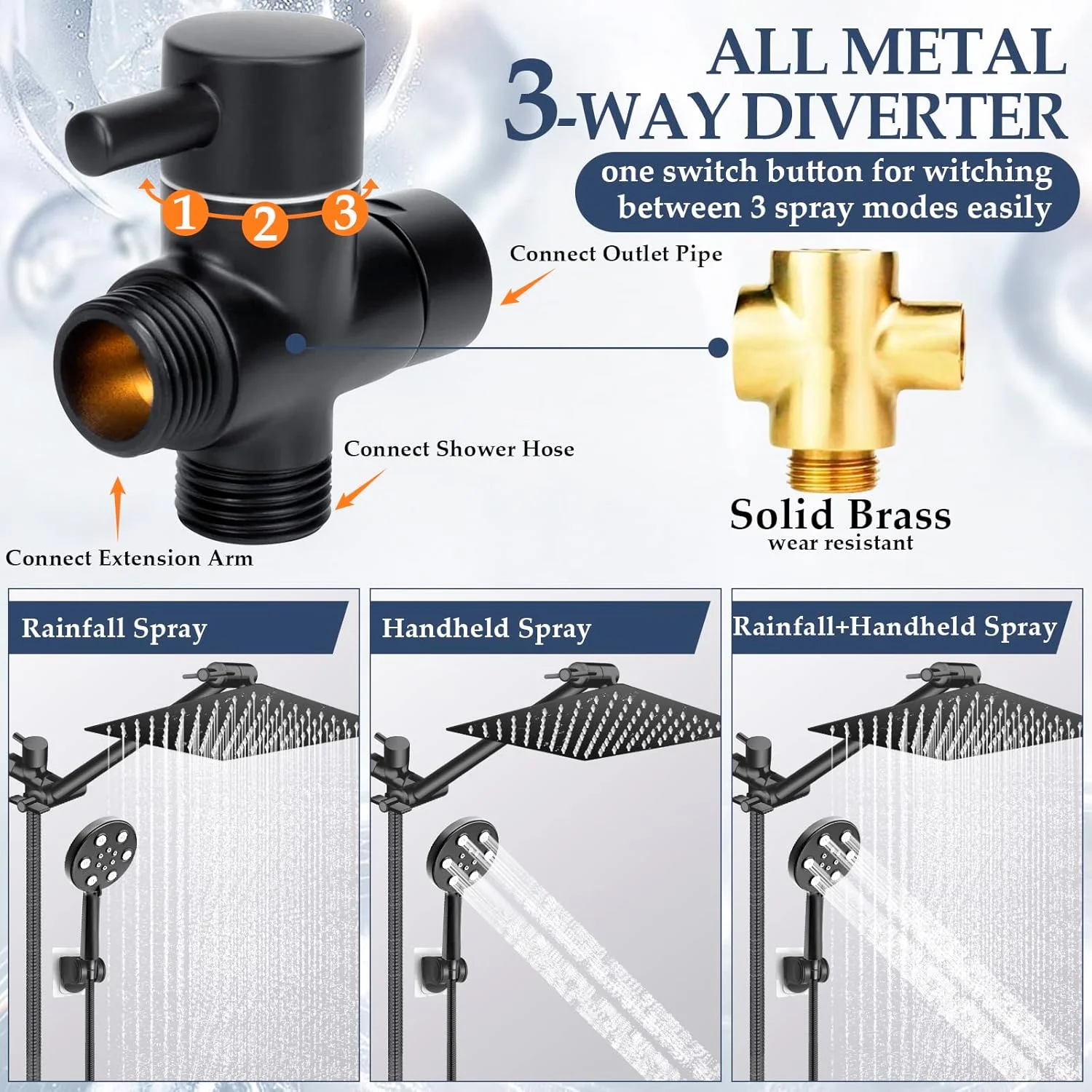سردوش حمام با سردوشی دستی، سردوش بارانی فشار قوی 10 اینچی با بازوی افزایش طول 11 اینچی، سردوشی دستی ضد نشت با شلنگ 60 اینچی، 6 حالت اسپری با قابلیت شستشوی قوی داخلی، قابل تنظیم ارتفاع/زاویه