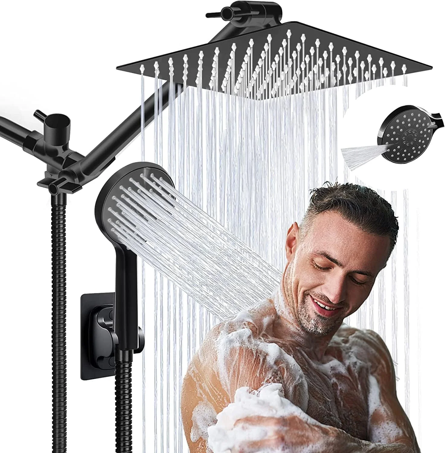 سردوش حمام، سردوش بارانی 20 سانتی‌متری با ترکیب اسپری دستی، سردوش‌های فشار قوی با کلید روشن/خاموش و بازوی اکستنشن 28 سانتی‌متری قابل تنظیم زاویه/تنظیم‌کننده جریان، تمیز کردن آسان وان حمام، مشکی