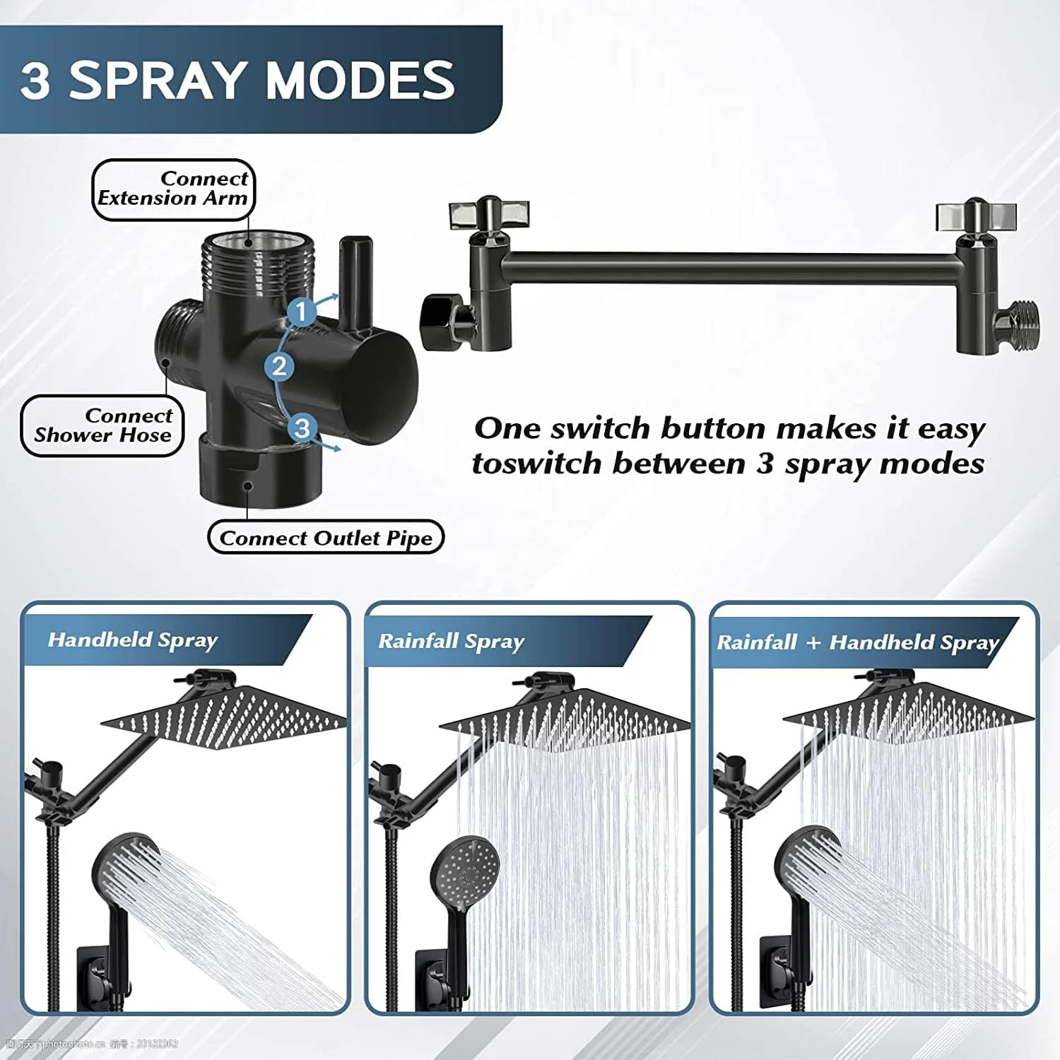 سردوش حمام، سردوش بارانی 20 سانتی‌متری با ترکیب اسپری دستی، سردوش‌های فشار قوی با کلید روشن/خاموش و بازوی اکستنشن 28 سانتی‌متری قابل تنظیم زاویه/تنظیم‌کننده جریان، تمیز کردن آسان وان حمام، مشکی