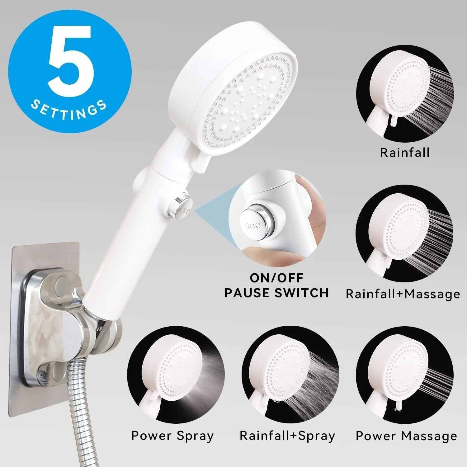 سردوش دستی پرفشار یلاژوی - سردوش صرفه جویی در آب، 5 حالت پاشش، رابط جهانی G1/2 برای خانه، اسپا، هتل و باشگاه