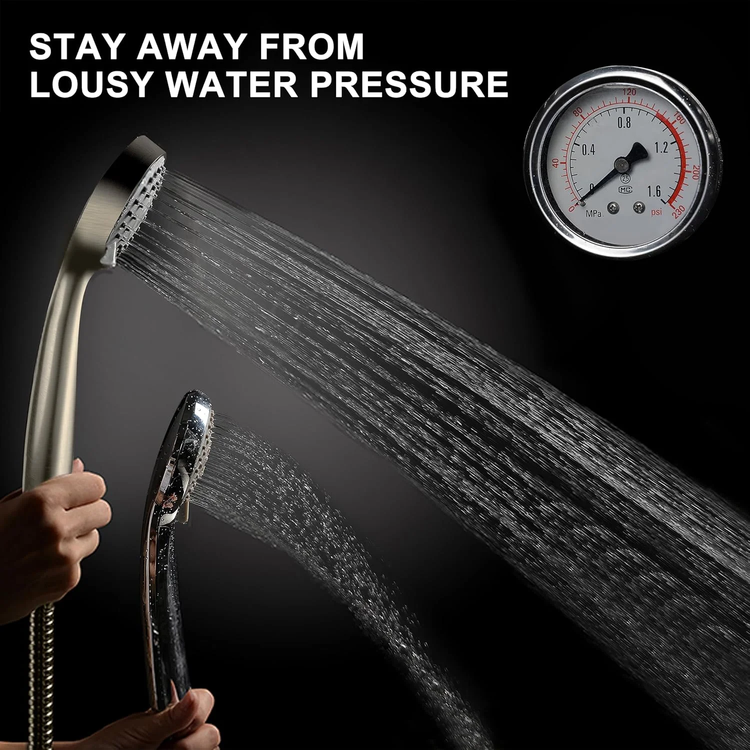 دوش دستی پرفشار YOO.MEE با اسپری قدرتمند برای مقابله با فشار آب پایین، چند منظوره، به همراه شلنگ 2 متری، پایه، تنظیم کننده جریان، نیکل برس خورده