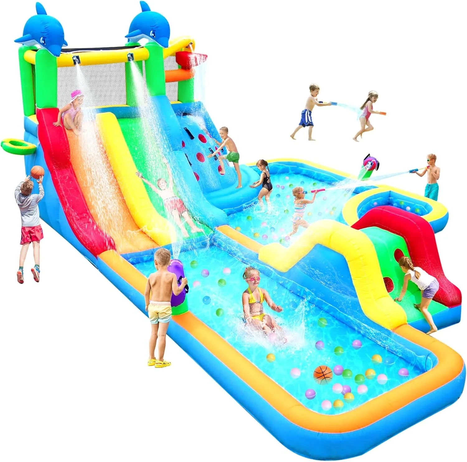 سرسره آبی بادی بزرگ 6 متری در 4 متری طرح دلفین، سرسره آبی دوتایی با دیوار صخره نوردی، استخر، توپ آب پاش و بسکتبال به همراه دمنده 680 واتی مناسب برای حیاط خلوت کودکان و جشن تولد تابستانی