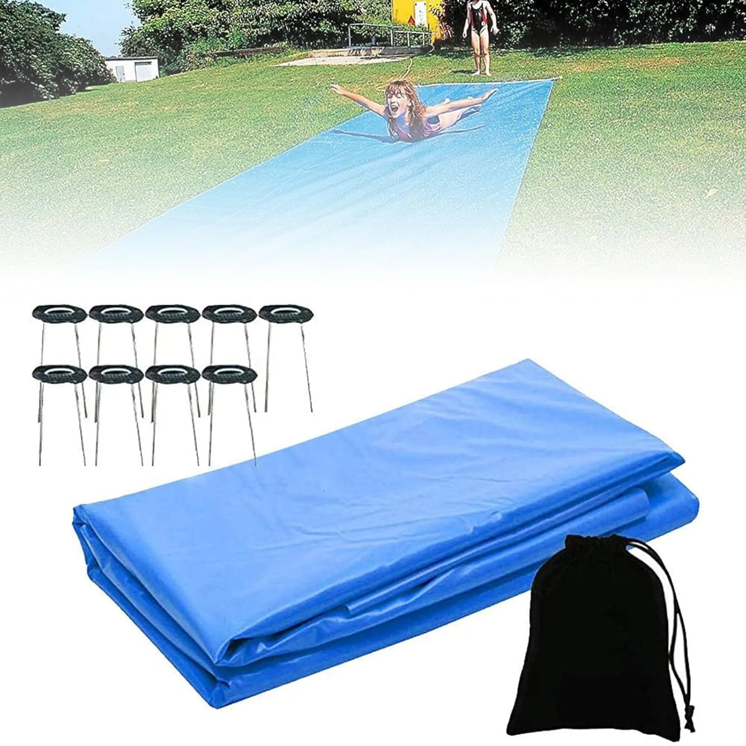 تشک سرسره غول پیکر، سرسره آبی چمن، سرسره لغزنده 1.5 متری در 8 متری، سرسره آبی کودکان با میخ های نگهدارنده، سرسره آبی غول پیکر پشتی با اسپری آب، اسباب بازی تابستانی، سرسره آبی پشتی