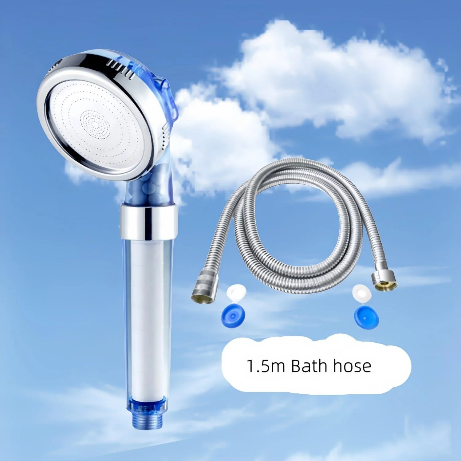 فیلتر دوش، سر دوش یونی فشار قوی، سر دوش بارانی دستی هیدرو، 3 حالت، فیلتر آب سخت، صرفه جویی در آب، تصفیه کننده آب، حذف کلر (فیلتر آبی آسمانی + شلنگ 1.5 سانتی متری)