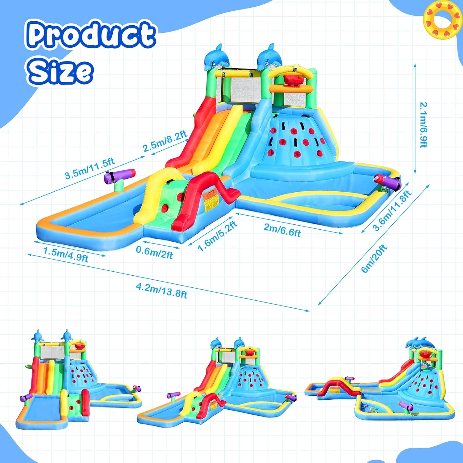 سرسره آبی بادی بزرگ 6 متری در 4 متری طرح دلفین، سرسره آبی دوتایی با دیوار صخره نوردی، استخر، توپ آب پاش و بسکتبال به همراه دمنده 680 واتی مناسب برای حیاط خلوت کودکان و جشن تولد تابستانی