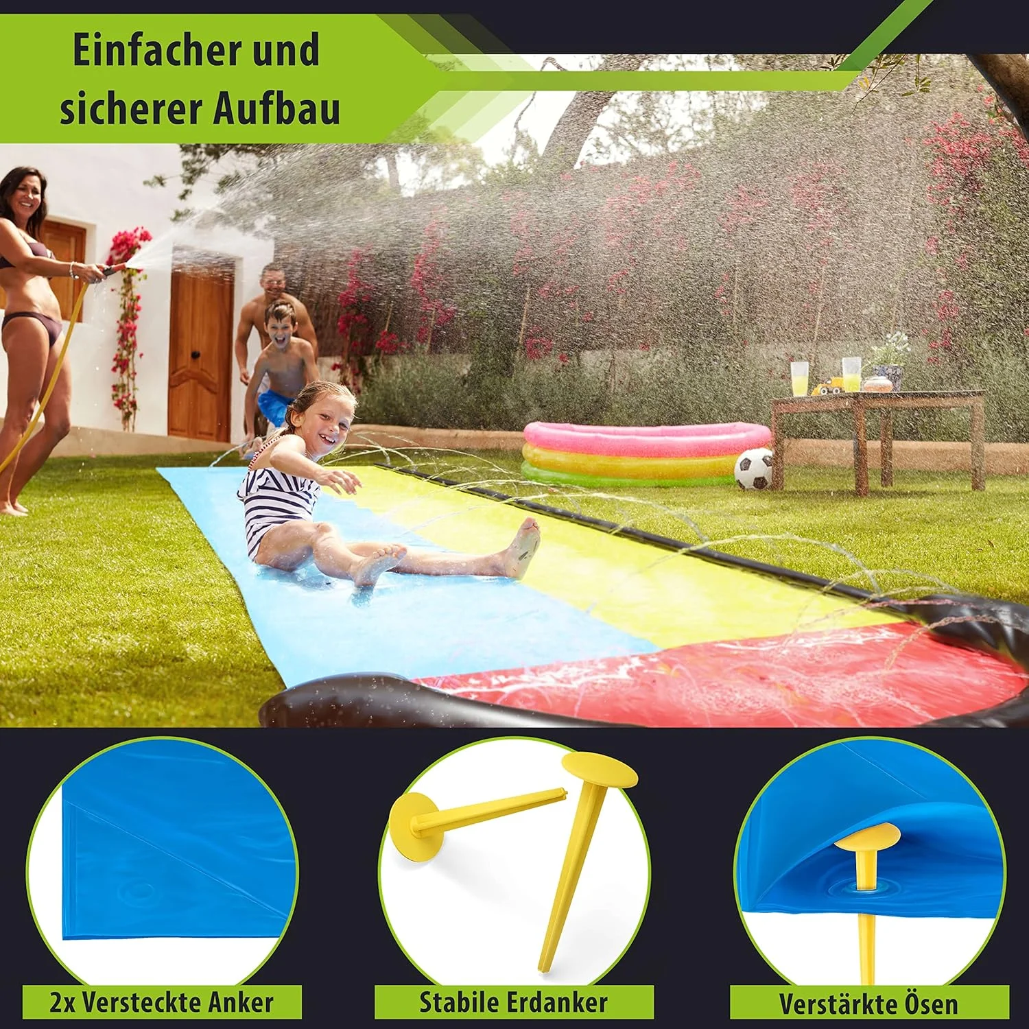 سرسره آبی دوتایی | سرسره آبی | طول 4.8 متر x عرض 1.40 متر | شامل 2 عدد تخته موج سواری | تابستان | فضای باز | اسباب بازی های سرگرم کننده برای بزرگسالان و کودکان