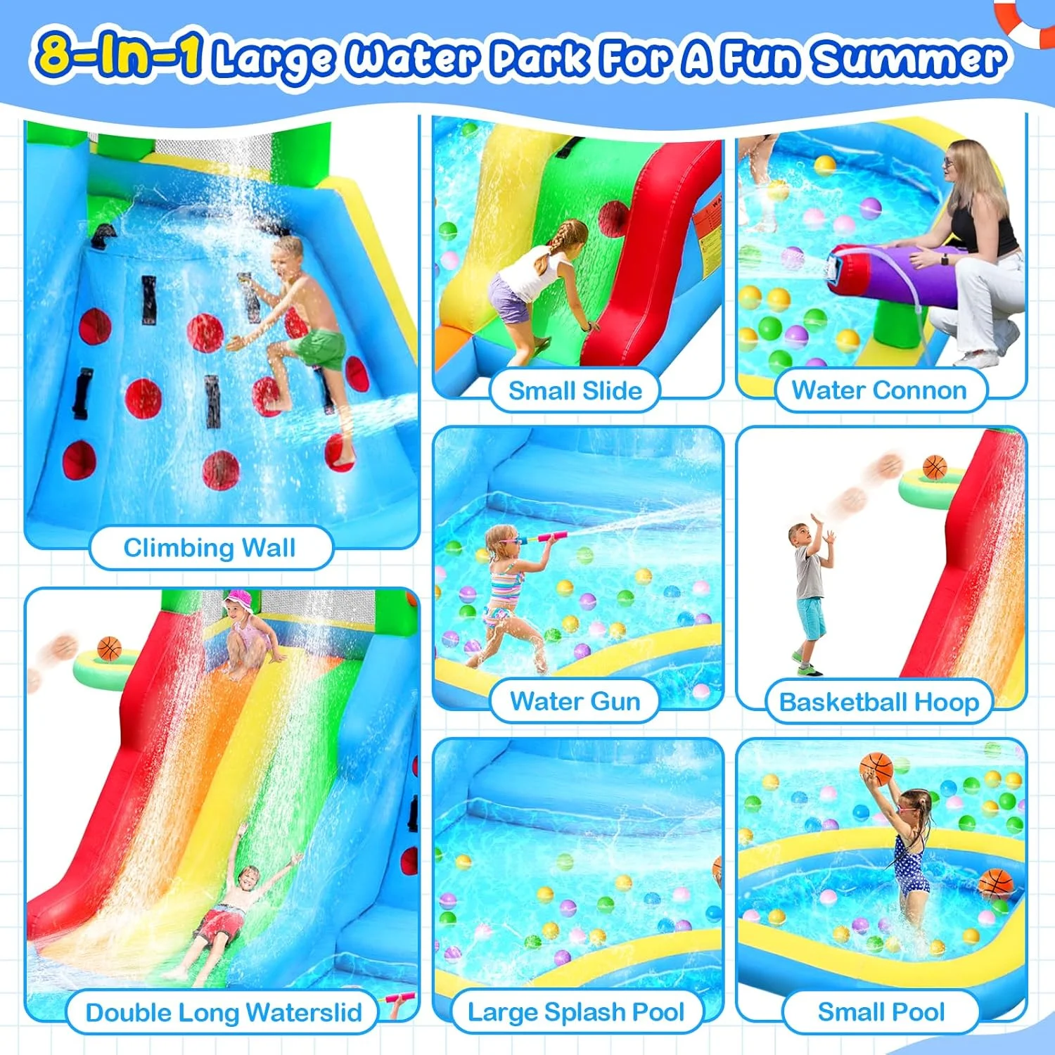 سرسره آبی بادی آپودس برای کودکان، خانه بادی 8 در 1 دلفینی با سرسره آبی دوتایی، دیوار صخره نوردی، استخر، توپ آبی، بسکتبال و دمنده 680 واتی برای مهمانی های داخل و خارج از خانه و هدیه تولد