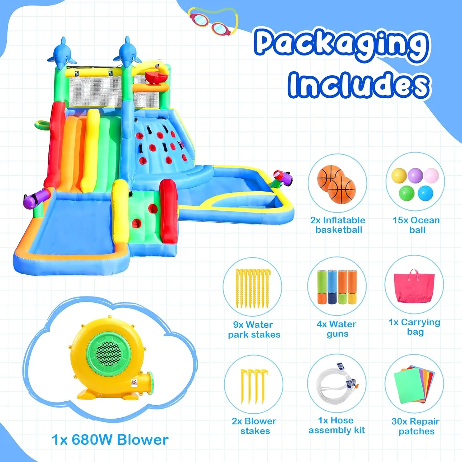 سرسره آبی بادی آپودس برای کودکان، خانه بادی 8 در 1 دلفینی با سرسره آبی دوتایی، دیوار صخره نوردی، استخر، توپ آبی، بسکتبال و دمنده 680 واتی برای مهمانی های داخل و خارج از خانه و هدیه تولد