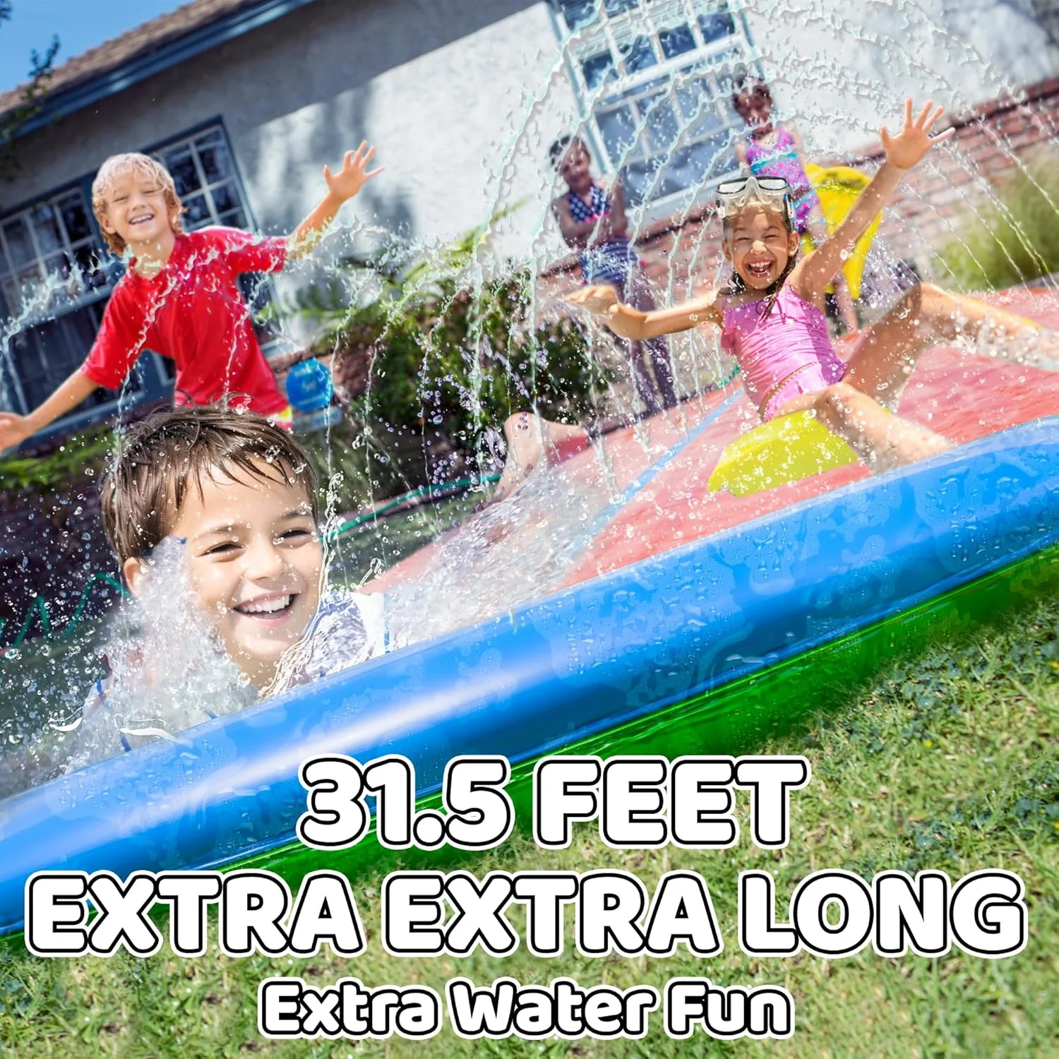 جامبو سرسره آبی فوق العاده بلند 9.6 متری به همراه 2 تخته بادی، سرسره لغزنده و پاششی مقاوم، اسباب بازی آب پاش تابستانی، اسباب بازی های تفریحی آبی در فضای باز حیاط خلوت برای کودکان، تشک پاششی