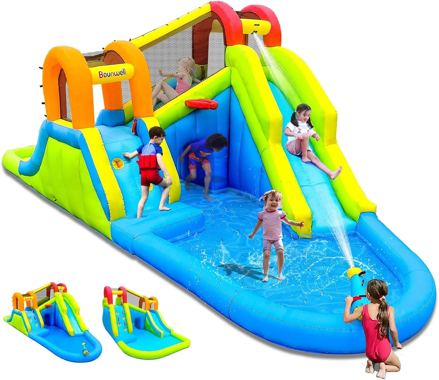 سرسره آبی بادی بونول به همراه پمپ هوا، پارک آبی برای حیاط خلوت کودکان، سرسره آبی بادی با 2 سرسره، 2 دیوار صخره نوردی، حلقه بسکتبال، توپ آبی و استخر