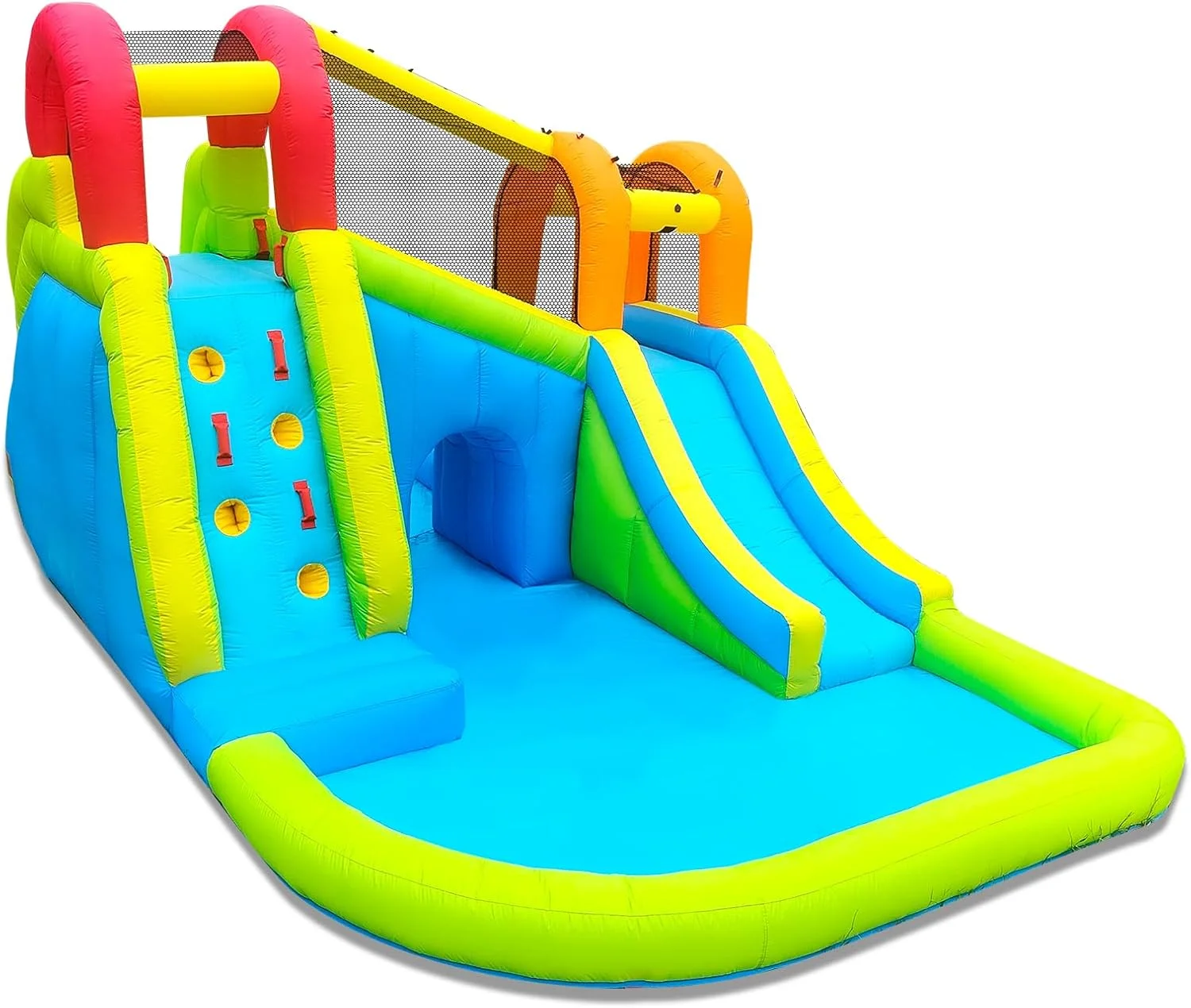 سرسره آبی بادی بونول به همراه پمپ هوا، پارک آبی برای حیاط خلوت کودکان، سرسره آبی بادی با 2 سرسره، 2 دیوار صخره نوردی، حلقه بسکتبال، توپ آبی و استخر