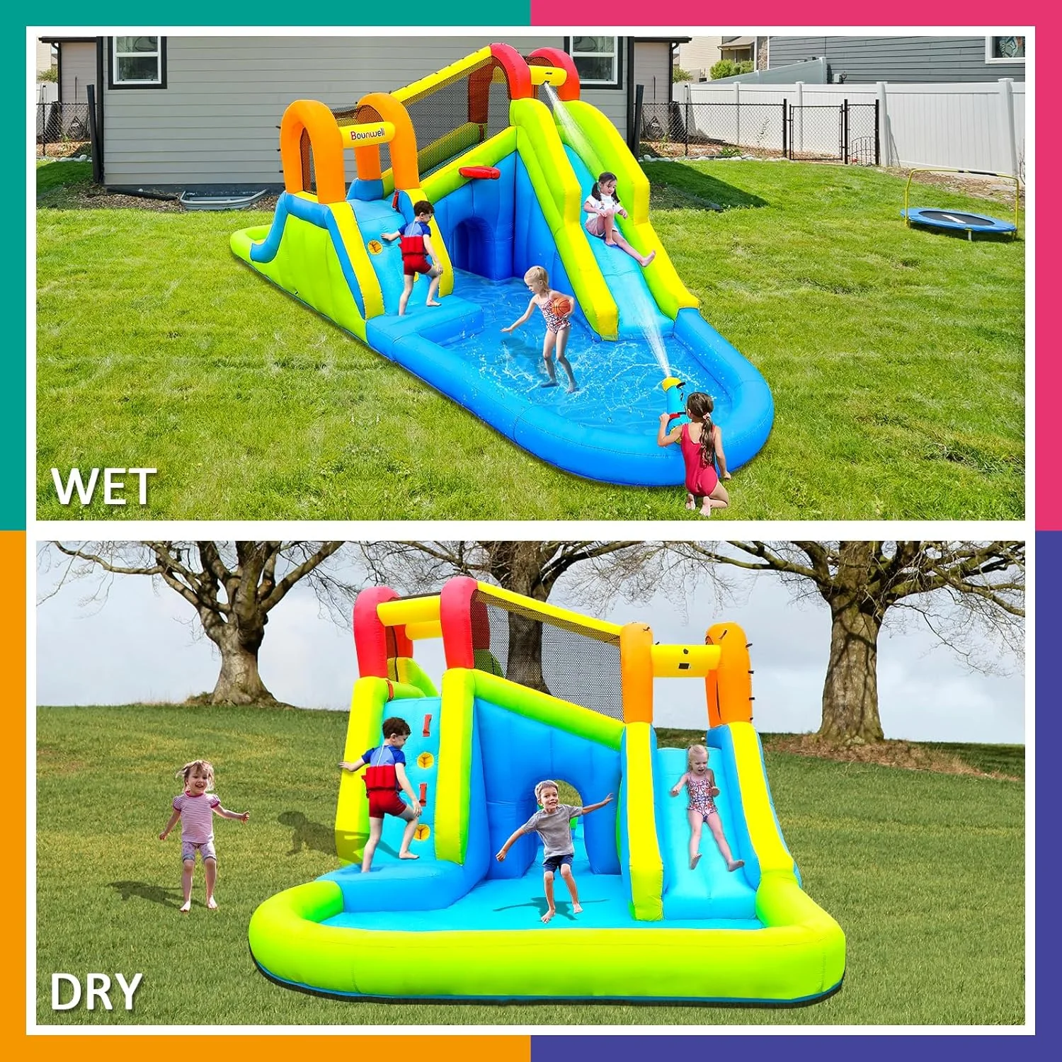 سرسره آبی بادی بونول به همراه پمپ هوا، پارک آبی برای حیاط خلوت کودکان، سرسره آبی بادی با 2 سرسره، 2 دیوار صخره نوردی، حلقه بسکتبال، توپ آبی و استخر