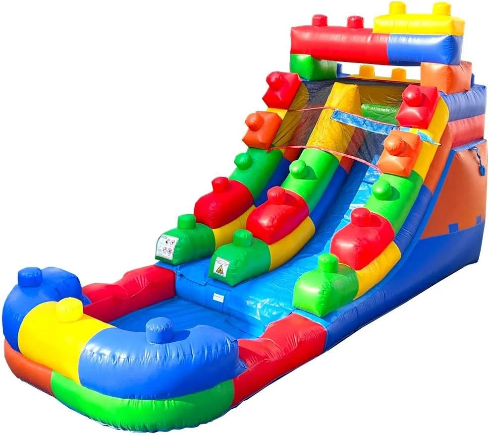 سرسره آبی بادی پوگو برای کودکان - سرسره‌های آبی بادی حیاط خلوت با استخر آب - سرسره بلوک ساختمانی به همراه دمنده و میخ - 6.4 متر در 2.7 متر - ارتفاع 3.6 متر