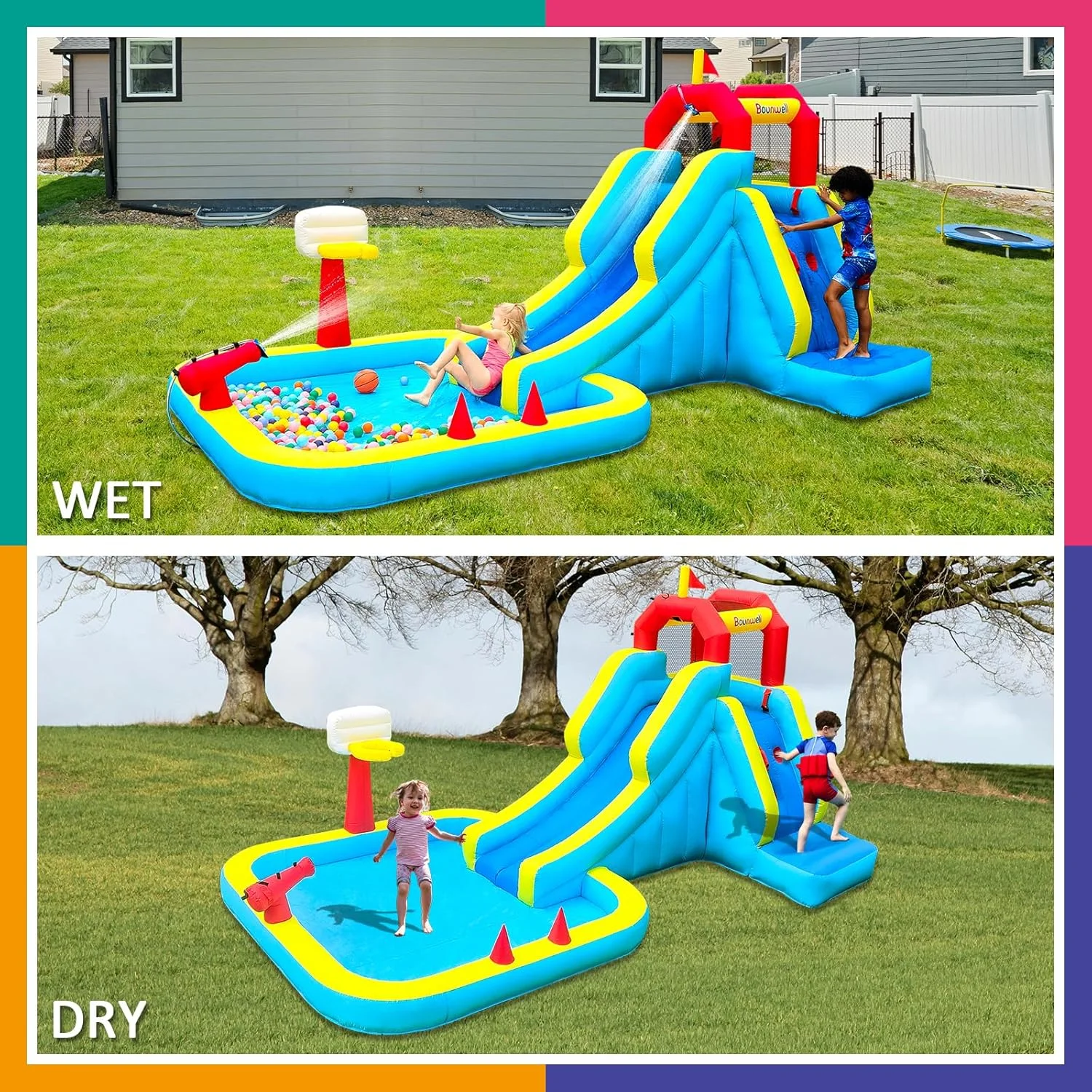 سرسره آبی بادی، سرسره آبی با دیوار صخره نوردی، سرسره آبی برای حیاط خلوت کودکان با حلقه بسکتبال، توپ آبی و استخر آب