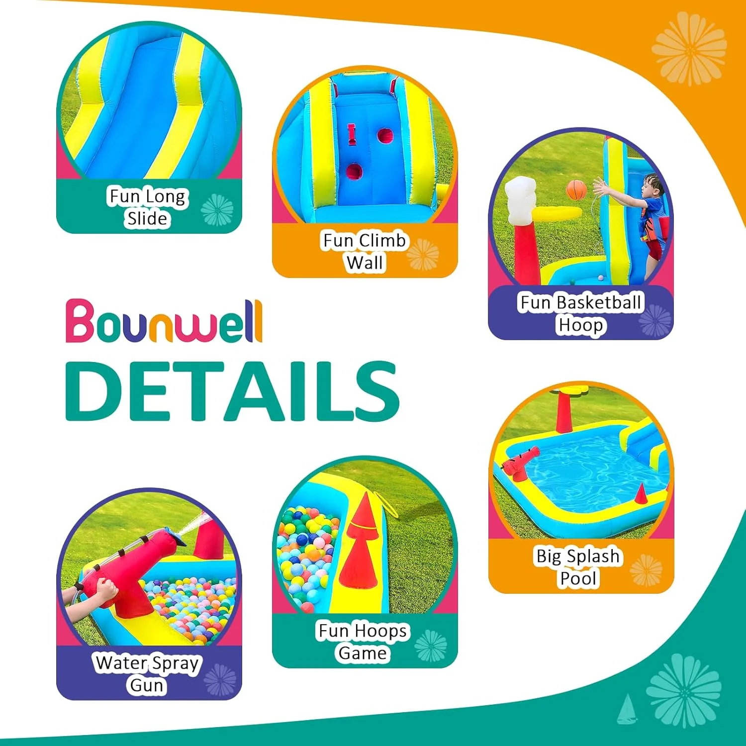 سرسره آبی بادی، سرسره آبی با دیوار صخره نوردی، سرسره آبی برای حیاط خلوت کودکان با حلقه بسکتبال، توپ آبی و استخر آب
