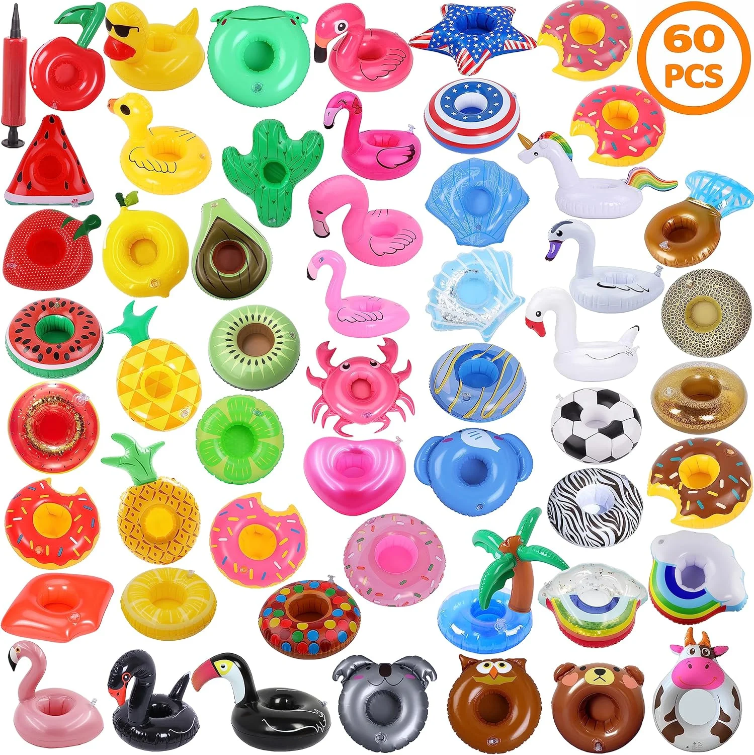 نگهدارنده بادی نوشیدنی LanMa، بسته 60 عددی، شناورهای نوشیدنی استخر به همراه پمپ، مناسب برای مهمانی استخر