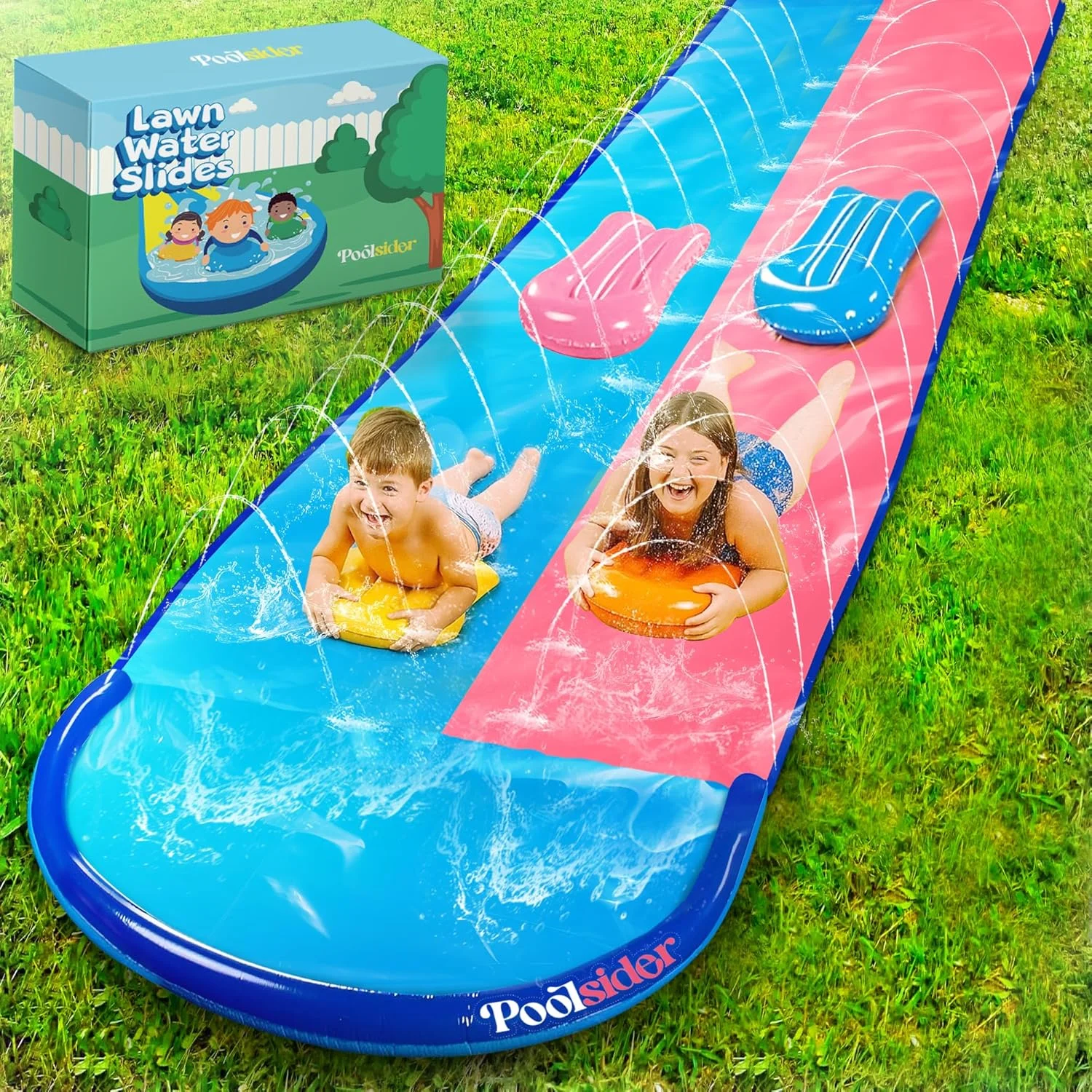 سرسره آبی دو مسیره ممتاز - سرسره لغزنده 9.9 متری دو خطه صورتی و آبی با 2 تخته بدنه | طراحی بادوام و پیشرفته - سرسره های آبی سنگین برای حیاط خلوت کودکان