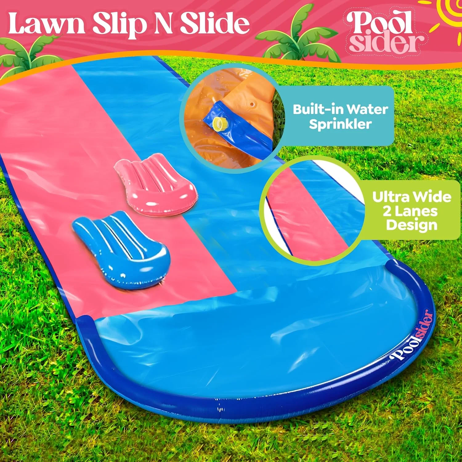 سرسره آبی دو مسیره ممتاز - سرسره لغزنده 9.9 متری دو خطه صورتی و آبی با 2 تخته بدنه | طراحی بادوام و پیشرفته - سرسره های آبی سنگین برای حیاط خلوت کودکان