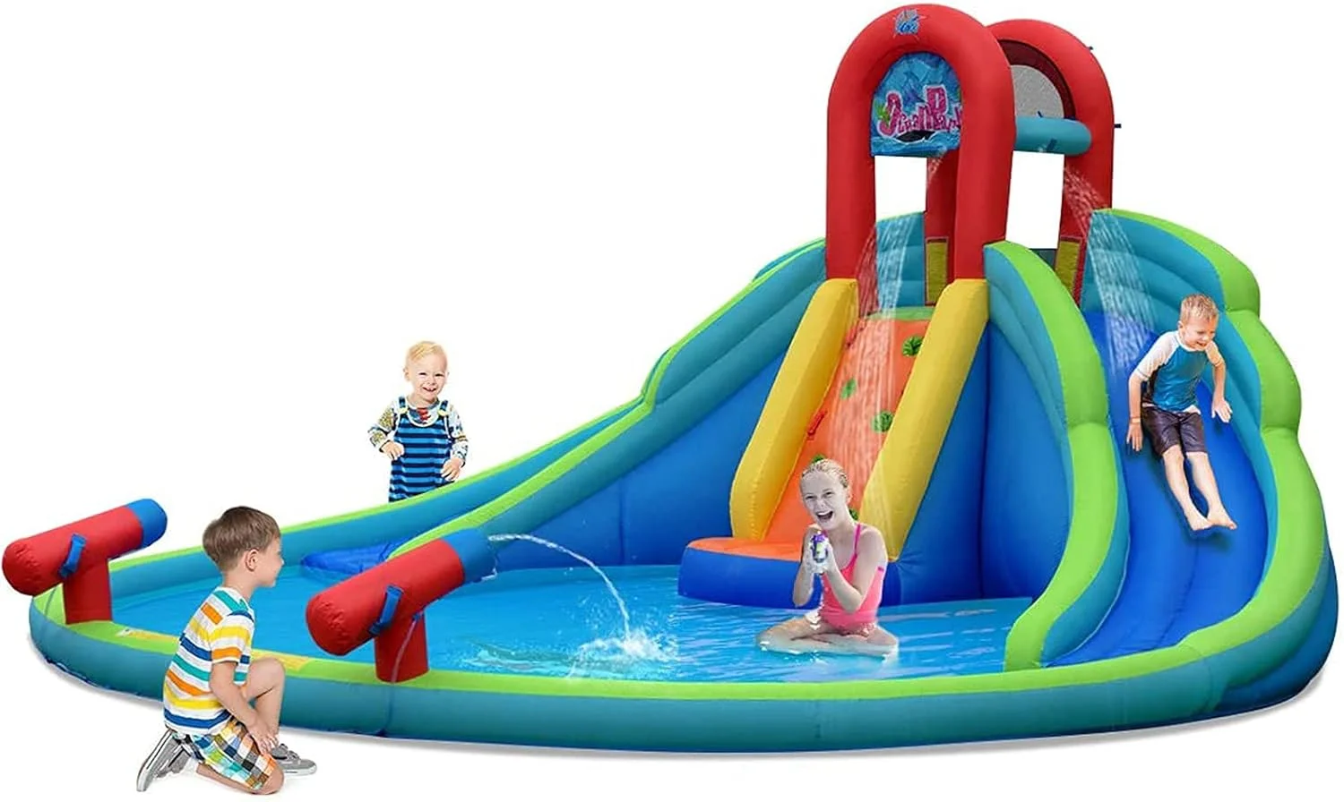 سرسره آبی بادی، سرسره پرشی کودکان، دیوار صخره نوردی، استخر بزرگ آب پاش، شلنگ برای تفریح ​​تابستانی (سرگرمی در فضای باز) Leunlee
