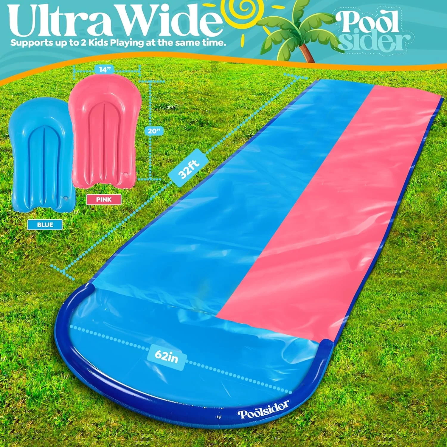 سرسره آبی دو مسیره ممتاز - سرسره لغزنده 9.9 متری دو خطه صورتی و آبی با 2 تخته بدنه | طراحی بادوام و پیشرفته - سرسره های آبی سنگین برای حیاط خلوت کودکان