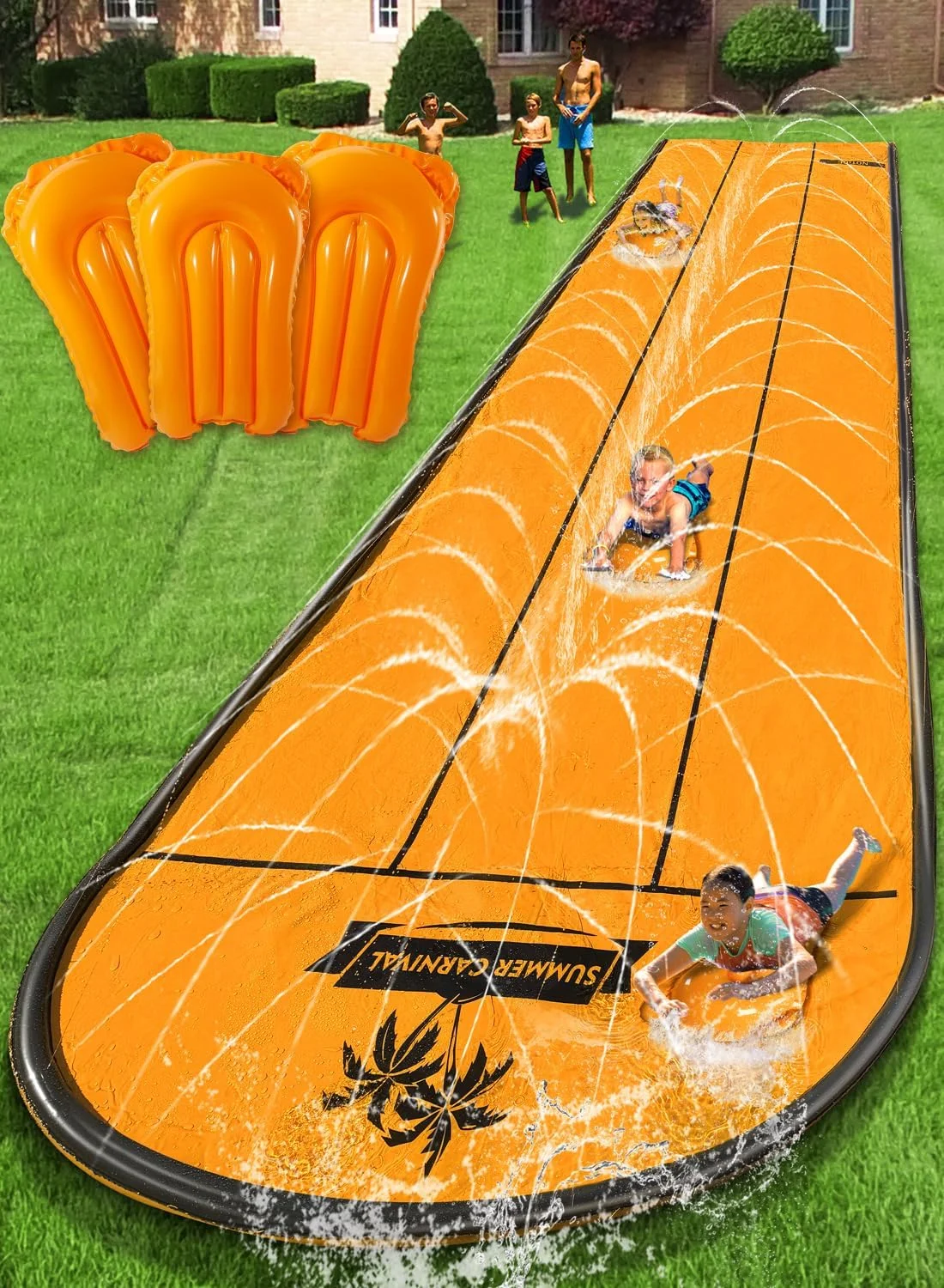 سرسره آبی لغزنده سه لاین نارنجی 6.7 متری، اسباب بازی های تابستانی برای کودکان در فضای باز به همراه آبپاش و 3 تخته شنا سرسره آبی لغزنده سه لاین نارنجی 6.7 متری، اسباب بازی های تابستانی برای کودکان در فضای باز به همراه آبپاش و 3 تخته شنا