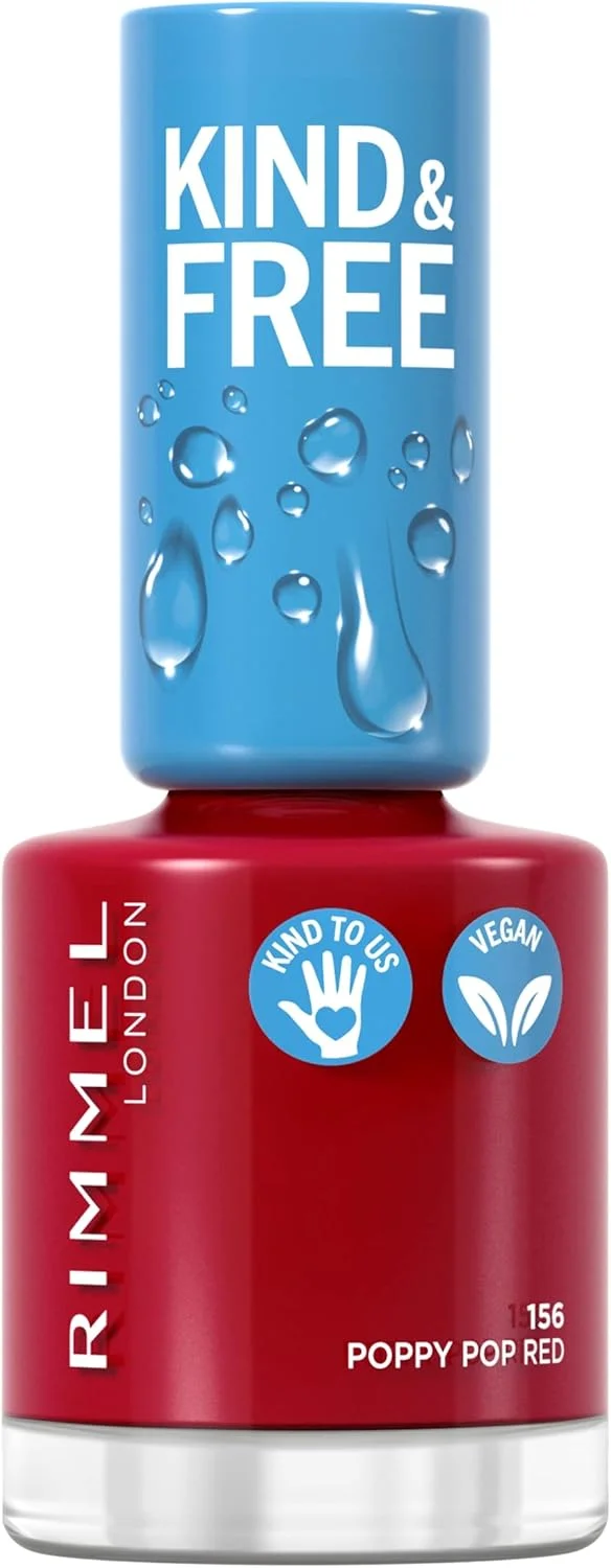 لاک ناخن تمیز و مهربان Rimmel KIND & FREE - پوشش نهایی تنفسی - فرمول گیاهی - مهربان با حیوانات و وگان - 8 میلی لیتر - سایه 156 Poppy Pop Red