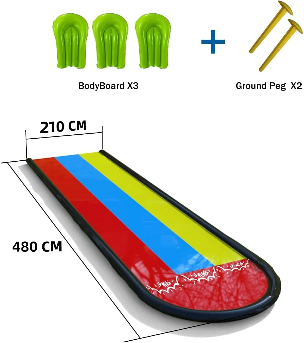 سرسره آبی سه لاین چمن، سرسره آبی مناسب برای بازی های حیاط خلوت کودکان، سرسره لغزنده با 3 تخته موج سواری، سرسره سه لاین 4.8 متری با آبپاش دوتایی (سرسره مسابقه سه نفره)