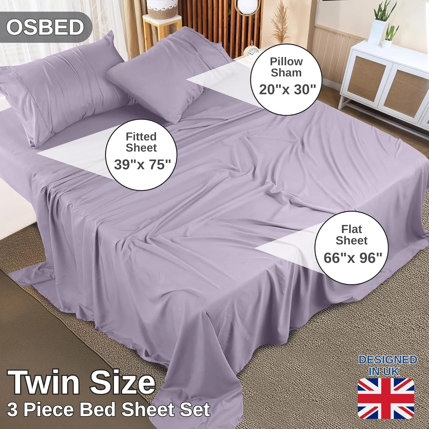 ست ملحفه 4 تکه لوکس OSBED شامل 2 روبالشی، 1 ملحفه تخت و 1 ملحفه کش دار | ست روتختی با کیفیت عالی و مقاوم در برابر رنگ رفتگی از جنس پارچه 100% پنبه مناسب برای اتاق خواب و هتل ها (اسطوخودوس، یک نفره)