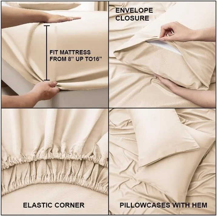 ست ملحفه تخت خواب سوپر کینگ پاناکس - ست ملحفه 4 تکه - میکروفیبر برس خورده و مقاوم در برابر رنگ پریدگی - مراقبت آسان (بژ، سوپر کینگ)