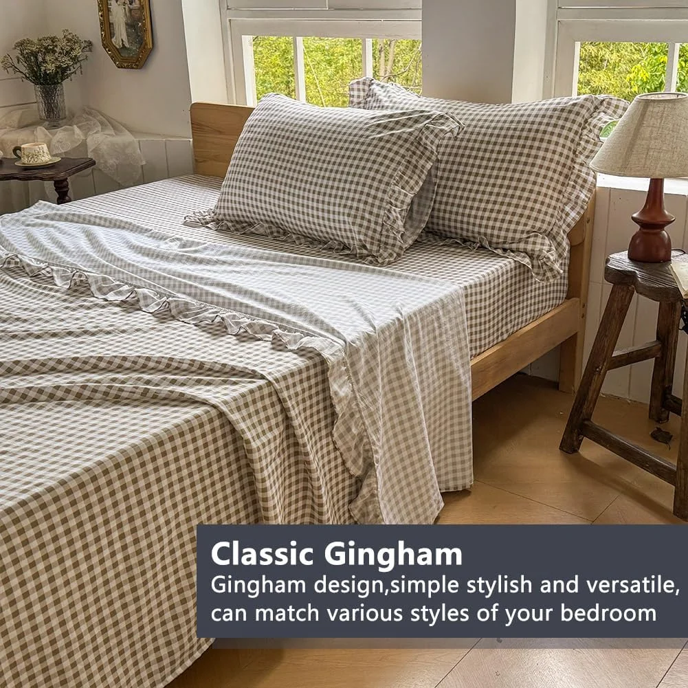 ست ملحفه کینگ طرح دار تان، ملحفه های کینگ چهار تکه میکروفایبر نرم از پیش شسته شده طرح دار، ست ملحفه 4 تکه با لبه های تزیینی مناسب تخت های ضخیم