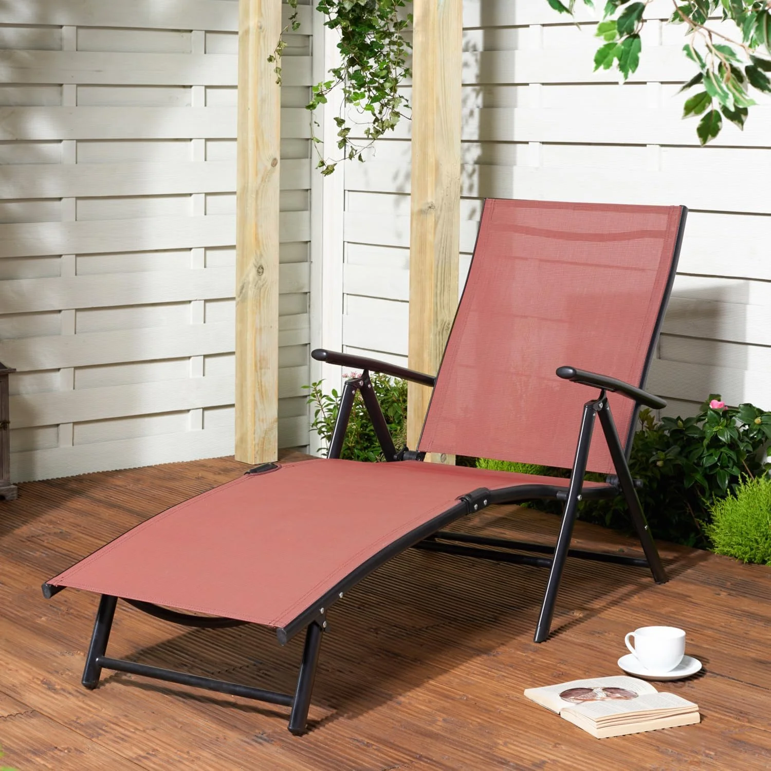 صندلی استراحت فضای باز VITAL، صندلی تاشو تکستیلین، صندلی استراحت برای ساحل/حیاط/استخر/پاسیو با پشتی قابل تنظیم 7 حالته و زیرپایی تاشو (خاکستری)