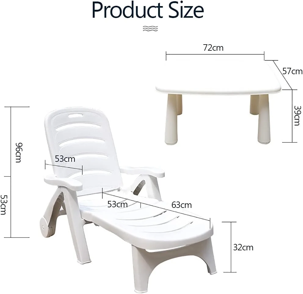 ست تخت آفتاب‌گیری، تخت آفتاب‌گیری پلاستیکی سفید و میز برای ساحل، حیاط، پاسیو، استخر، عرشه، صندلی استراحت تاشو فضای باز با پشتی قابل تنظیم، صندلی آفتاب‌گیری قابل حمل (2 صندلی + 1 میز، سفید)