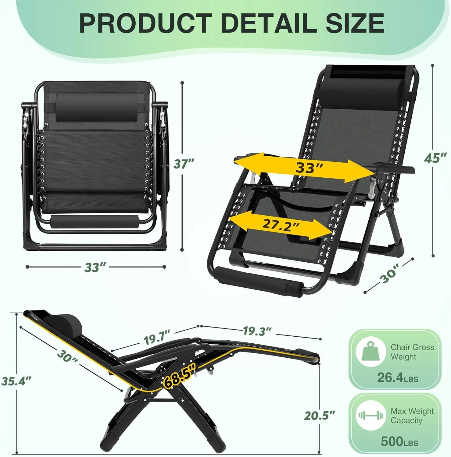 صندلی راحتی بزرگ Suteck، صندلی استراحت سایز خیلی بزرگ با بالشتک و تکیه گاه سر قابل جابجایی، قفل آلیاژ آلومینیوم ارتقا یافته، جا لیوانی و زیرپایی، صندلی تکیه گاه دار پاسیو برای فضای داخلی و خارجی، 226 کیلوگرم، مشکی