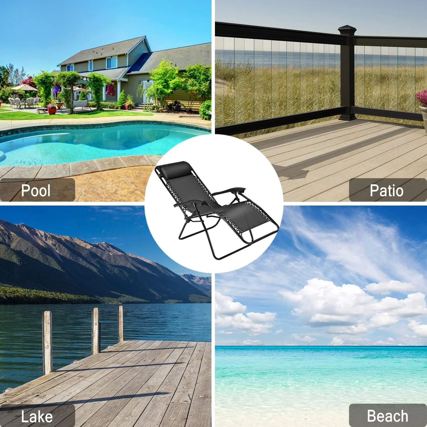 صندلی بدون جاذبه - صندلی تاشو و تختخواب شو مناسب فضای باز، پاسیو، با زیرپایی و بالش قابل تنظیم برای حیاط، ساحل، کمپینگ، باغ، استخر، چمن (مشکی)