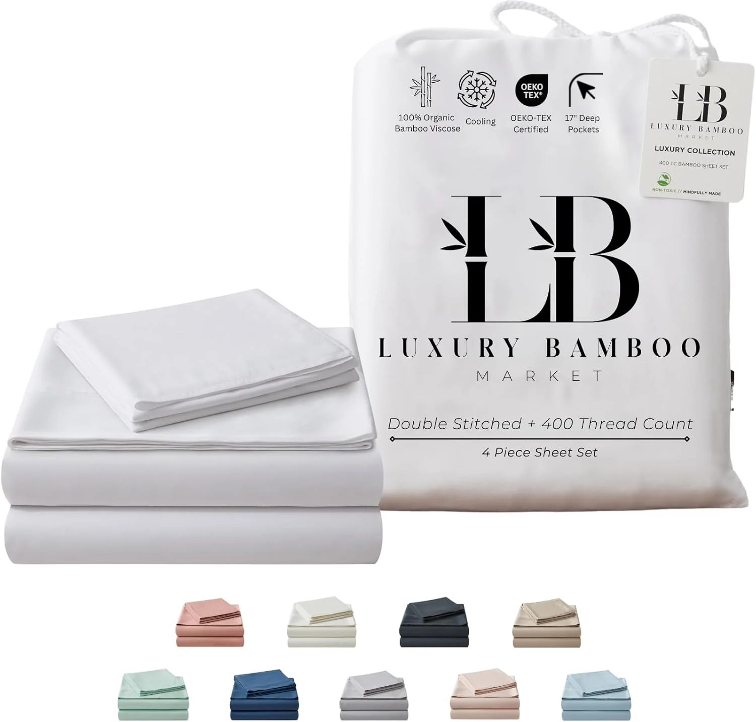 ست ملحفه تخت خواب سایز کینگ LB Luxury Bamboo Market | 100% ویسکوز تهیه شده از | کشت ارگانیک | فوق العاده نرم | ملحفه خنک کننده برای افراد گرمایی | جیب عمیق 17 اینچی [سفید کلاسیک]