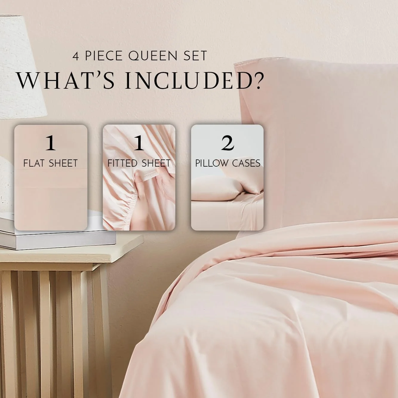 ست ملحفه 4 تکه پنبه ای با تراکم بافت 144، سایز کوئین، صورتی روشن