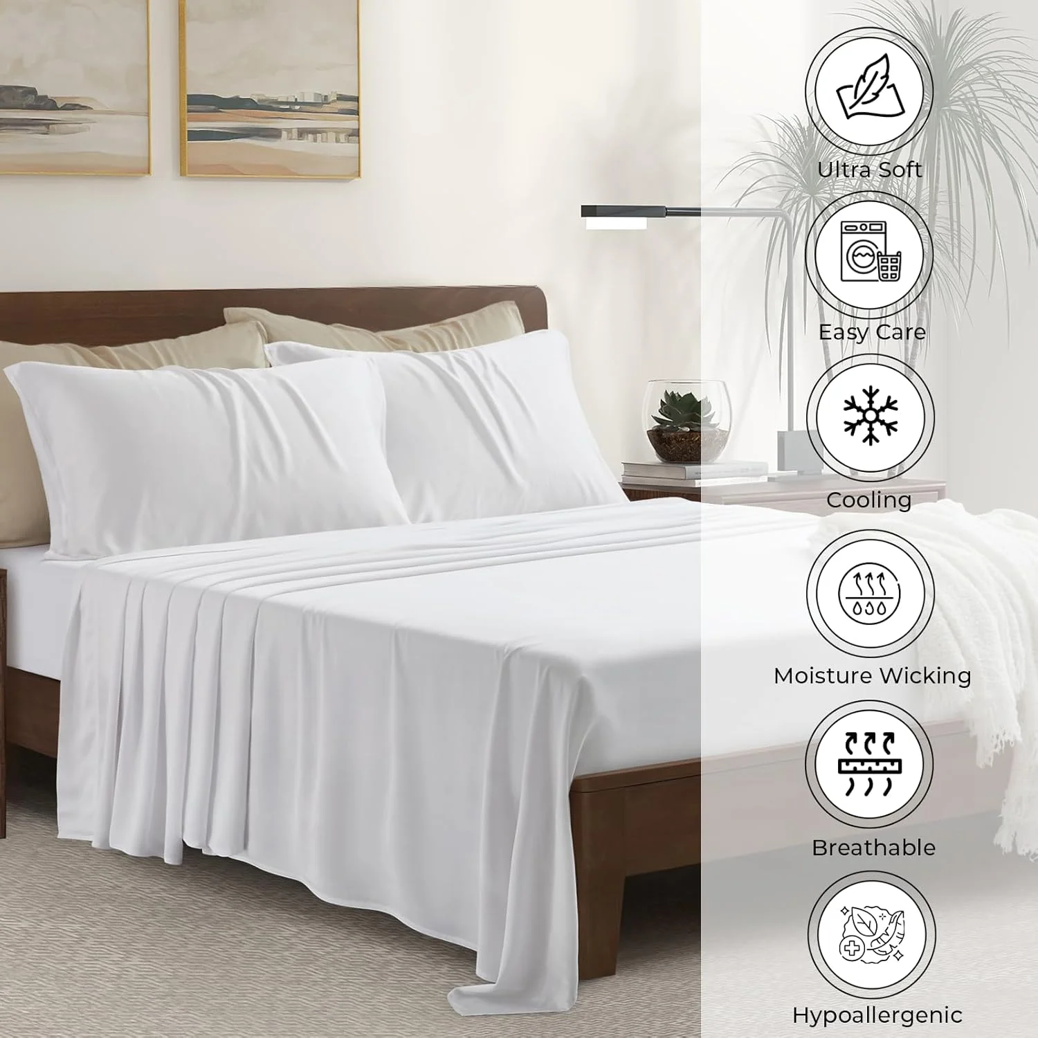 ست ملحفه تخت خواب سایز کینگ LB Luxury Bamboo Market | 100% ویسکوز تهیه شده از | کشت ارگانیک | فوق العاده نرم | ملحفه خنک کننده برای افراد گرمایی | جیب عمیق 17 اینچی [سفید کلاسیک]