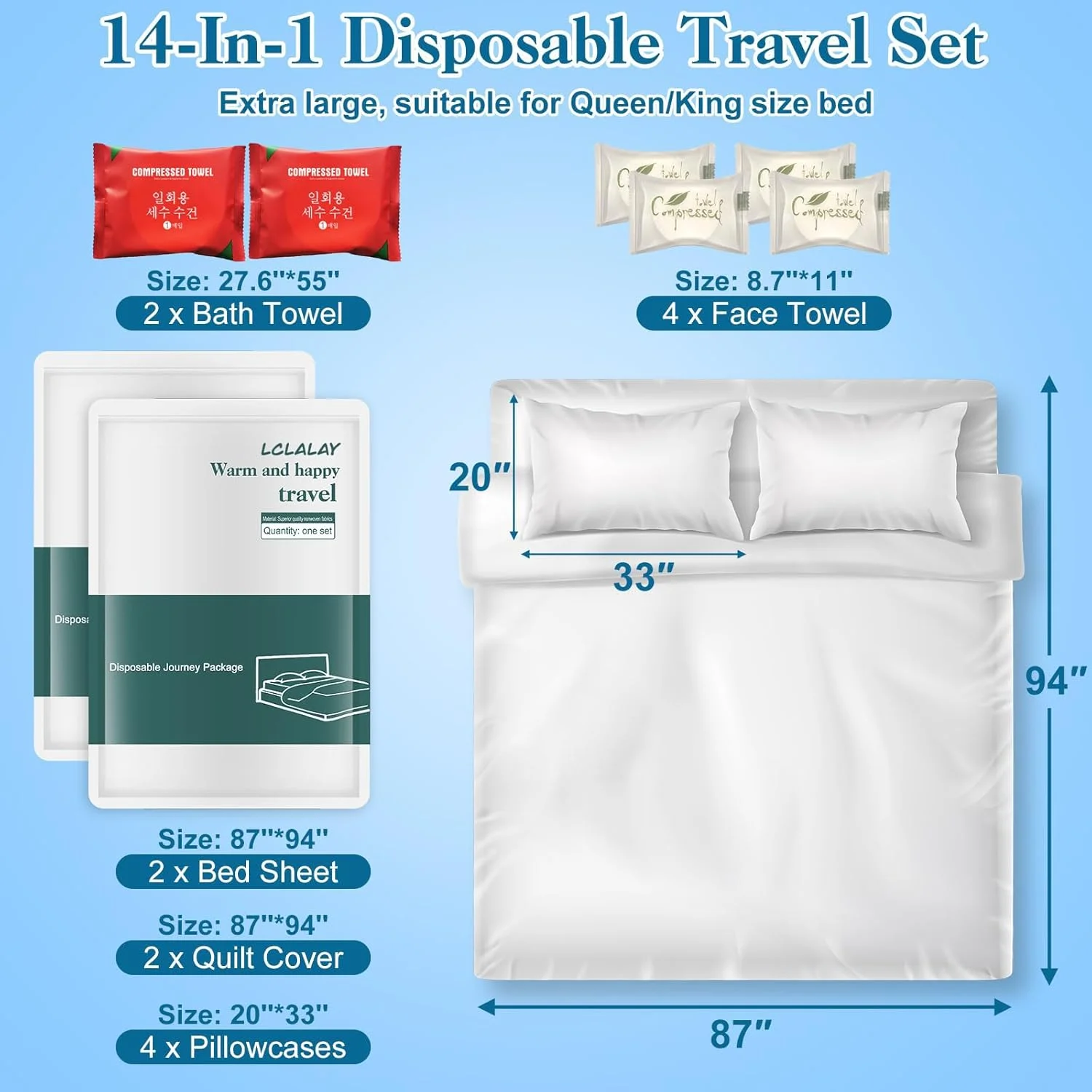 ملحفه یکبار مصرف LCLALAY برای مسافرت، ست ملحفه مسافرتی سایز کینگ 14 در 1 برای هتل، ست روتختی قابل حمل شامل 2 ملحفه، 2 روکش لحاف، 4 روبالشتی، 4 حوله صورت و 2 حوله حمام