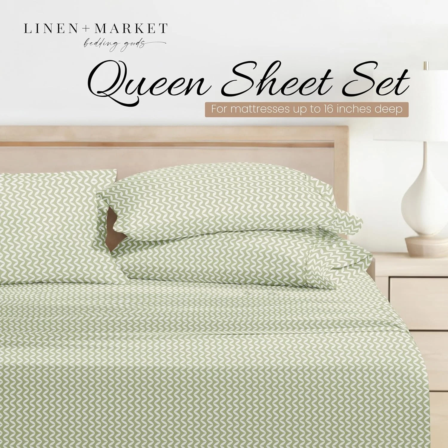 ست ملحفه 4 تکه کتان مارکت مناسب تختخواب دونفره (طرح شورون سبز) - با این ملحفه‌های فوق‌العاده نرم و خنک برای تخت دونفره خود، بهتر از همیشه بخوابید - مناسب تشک با عمق 16 اینچ