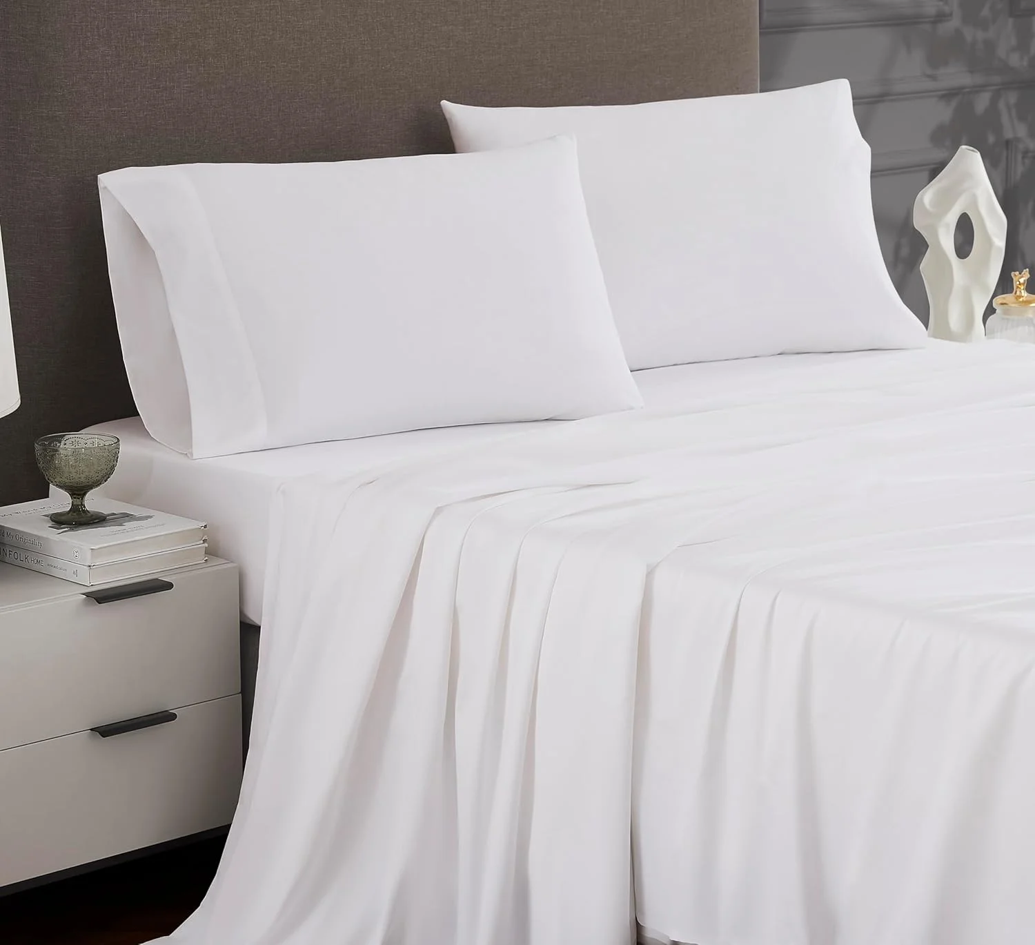 ست ملحفه 4 تکه کتان کمدی 1200 نخ، درجه یک هتلی، سایز کوئین، سفید